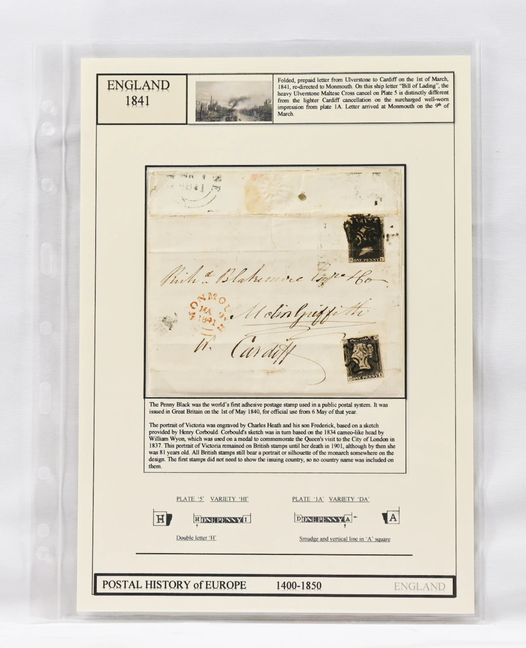 1840 Penny Black Mi 1, two stamps (DA and HI) on a beautiful cover