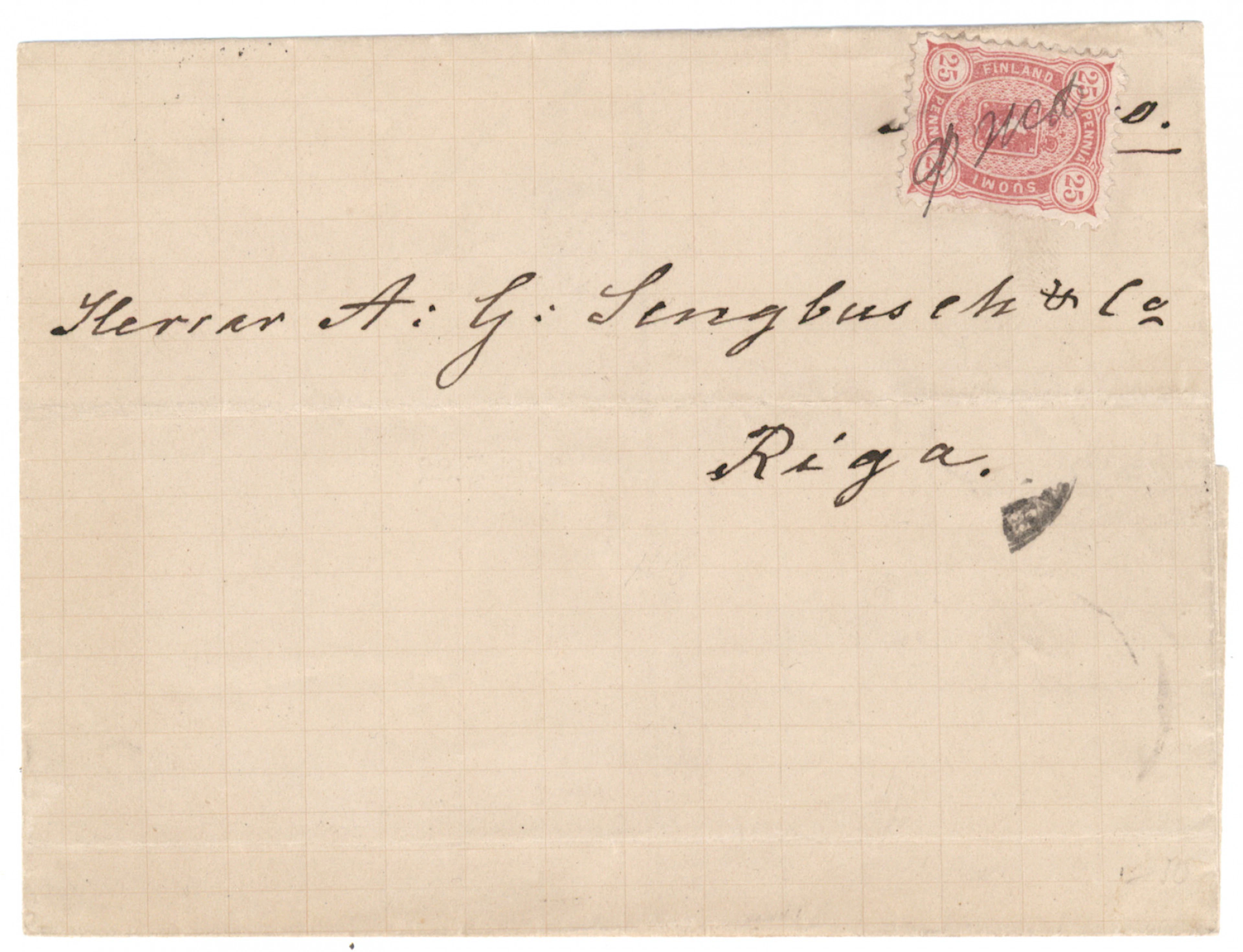 25 penni strong aniline-red on a cover to Riga. Cyrillic pen cancellation
