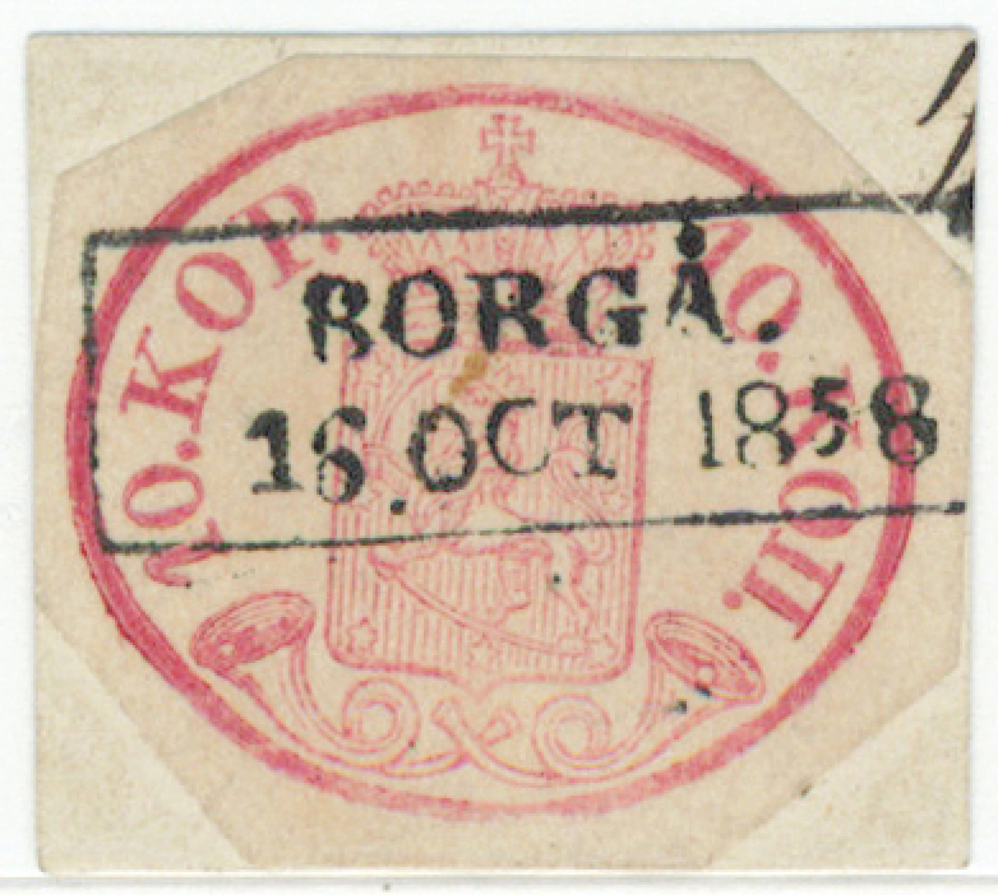 10 kop carmine-red, cut octagonally, on a fragment superb Borgå 1858.