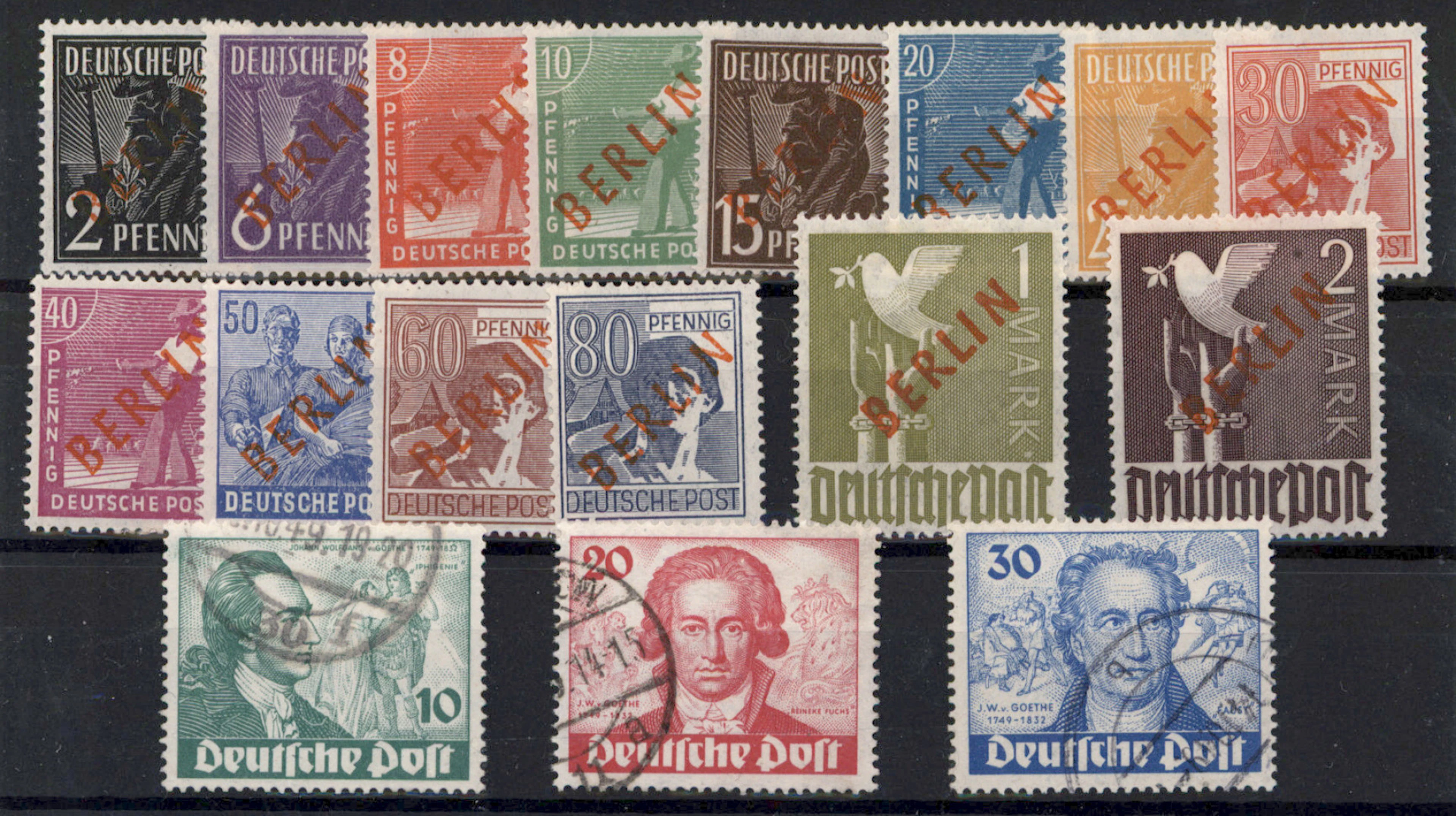 1949 Goethe Mi 61-63, used set, additionally 1949 red overprint set