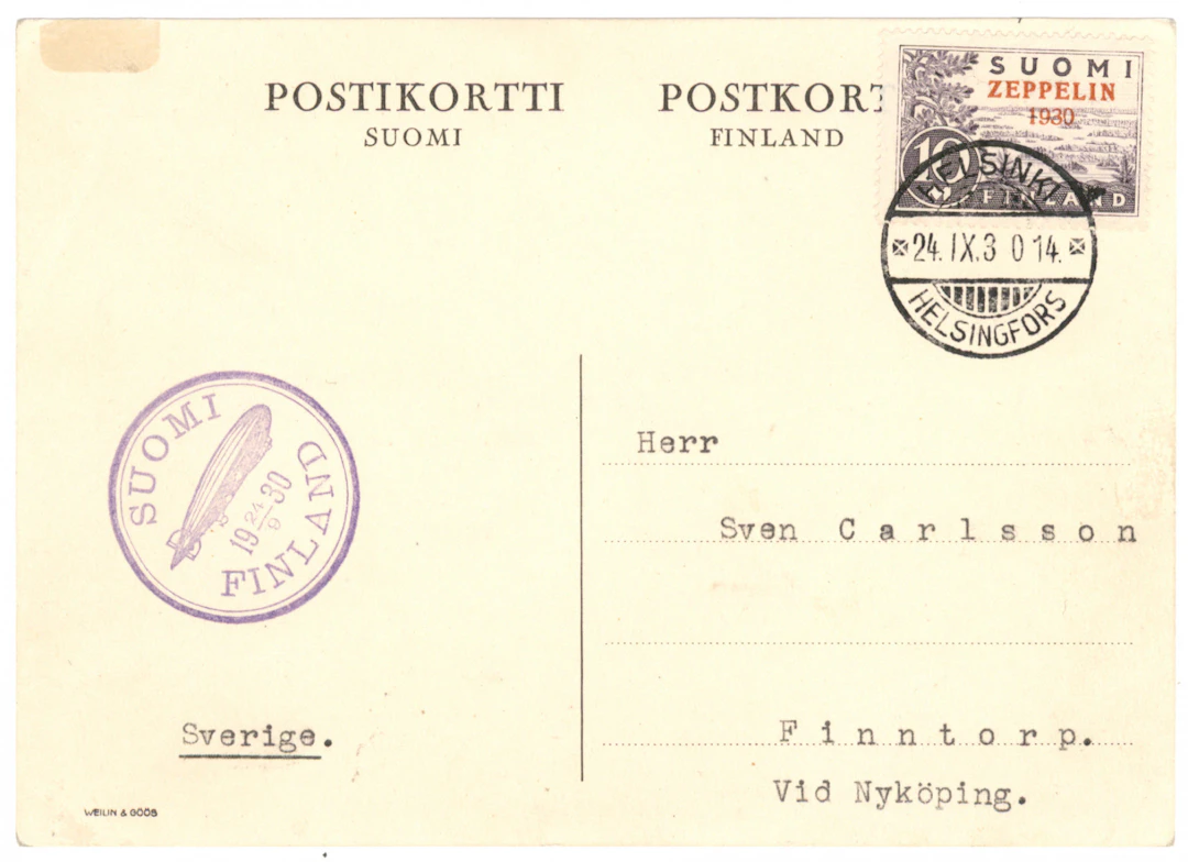 Zeppelin on a cover to Sweden, beautiful Helsinki 1930