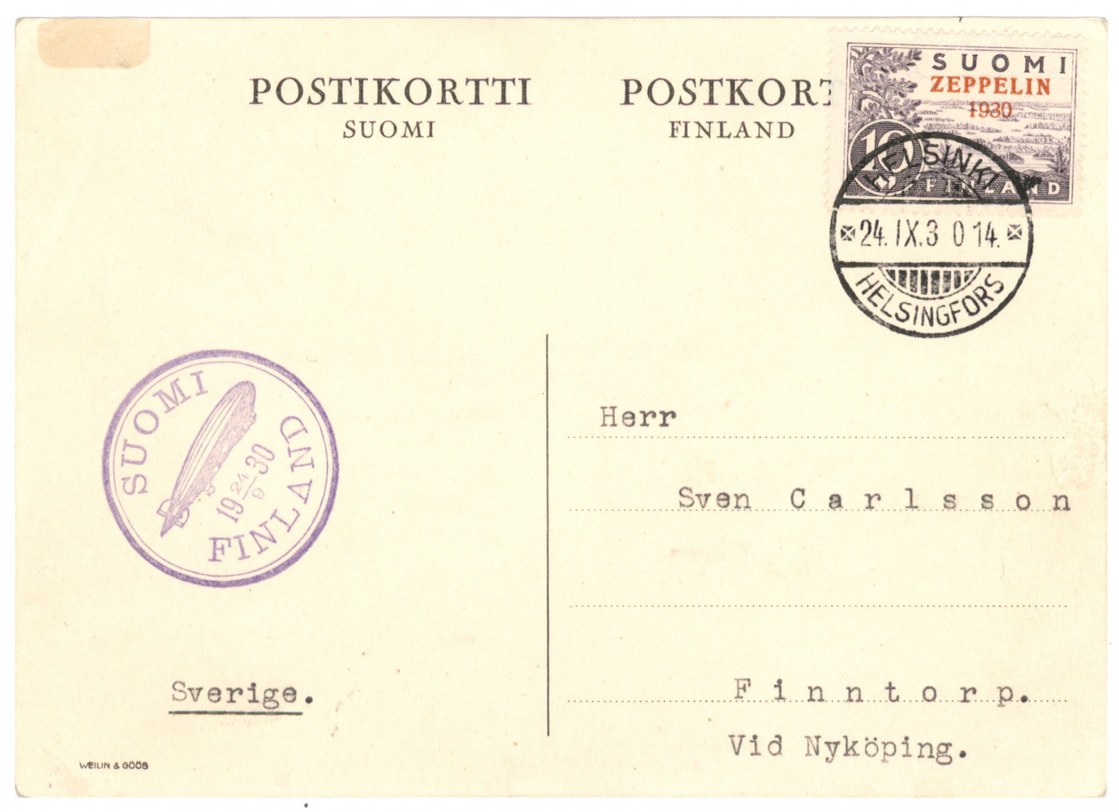 Zeppelin on a cover to Sweden, beautiful Helsinki 1930
