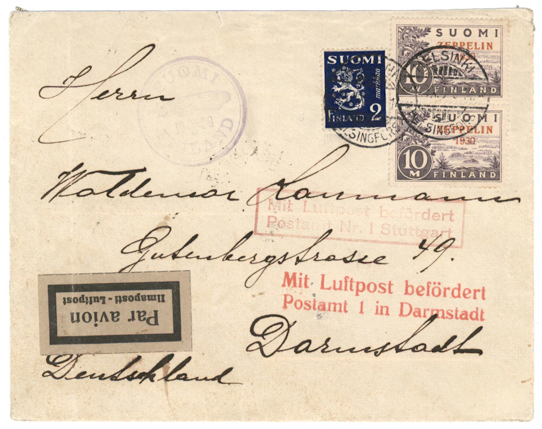 Zeppelin vertical pair with issue 1930 2 markka on a cover to Germany