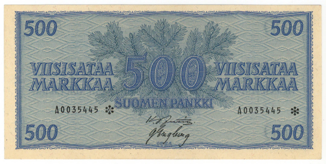 1956 500 markka A0035445* JUT/Eng. No strong folds. Condition 1+-01.
