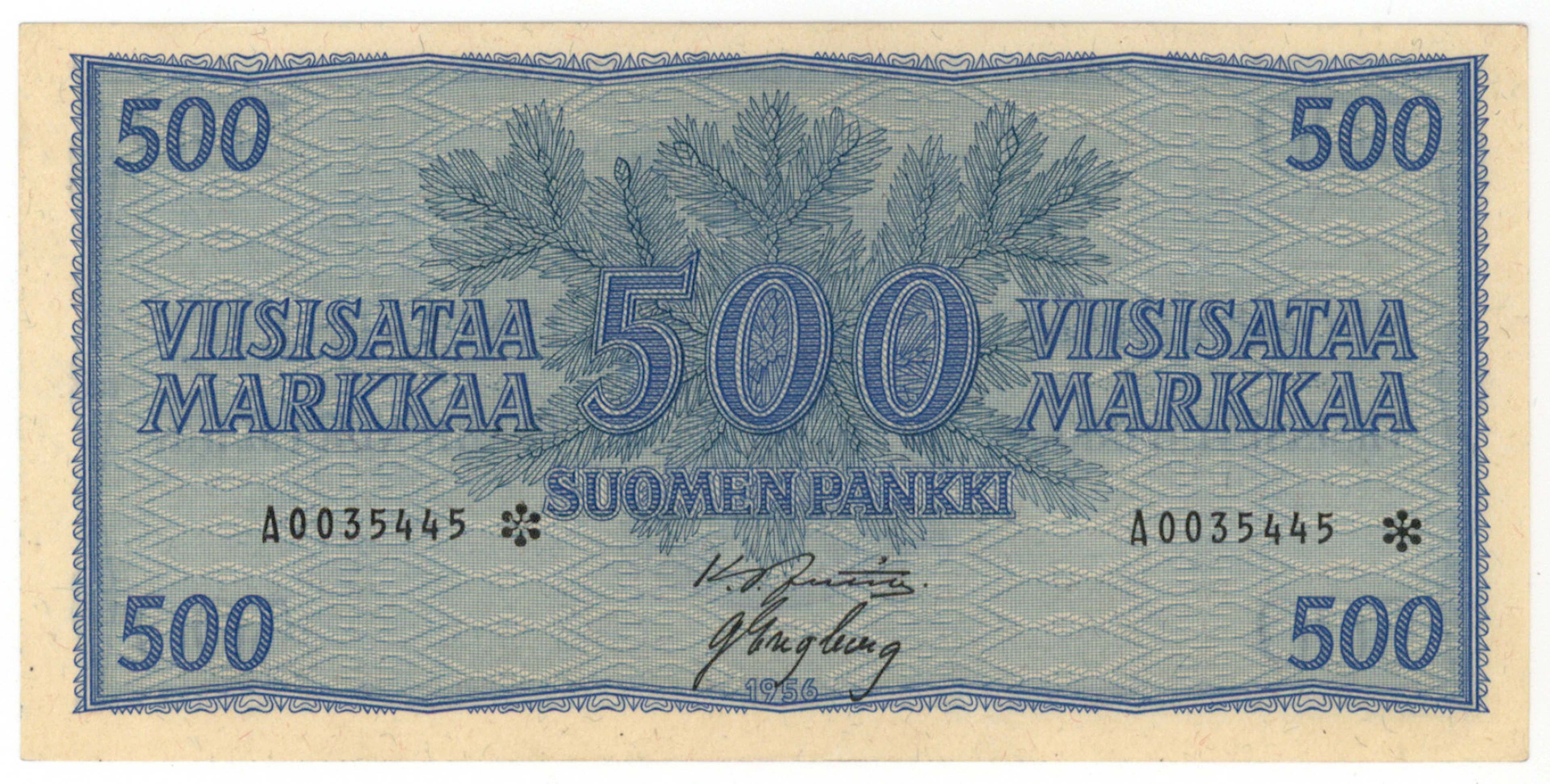 1956 500 markka A0035445* JUT/Eng. No strong folds. Condition 1+-01.