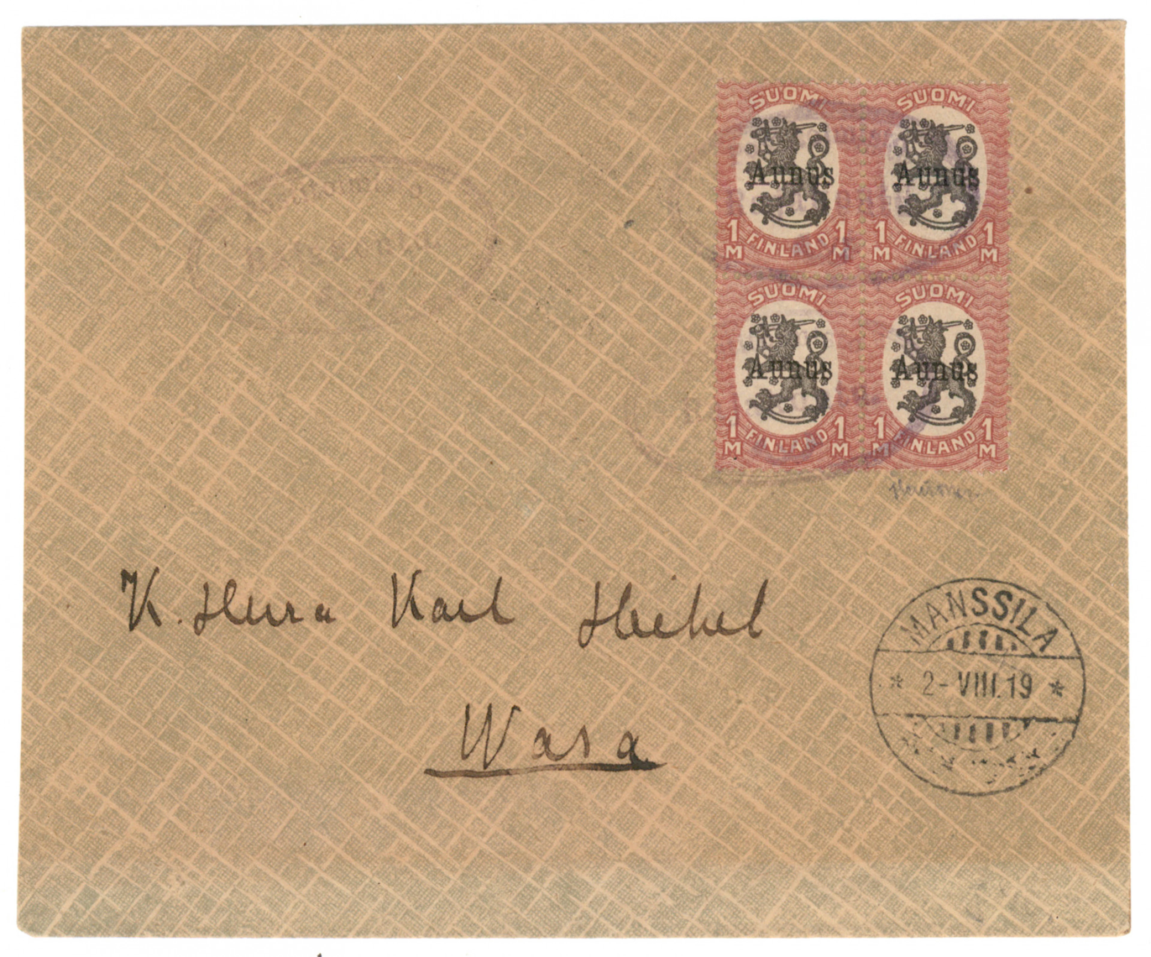 1 markka on a cover with post office Rajakontu oval cancellation