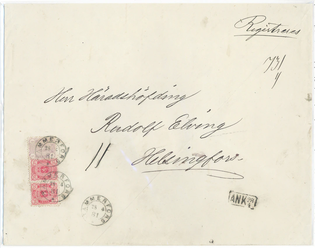 1 markka reddish lilac and 25 penni carmine (2 pieces) on a registered