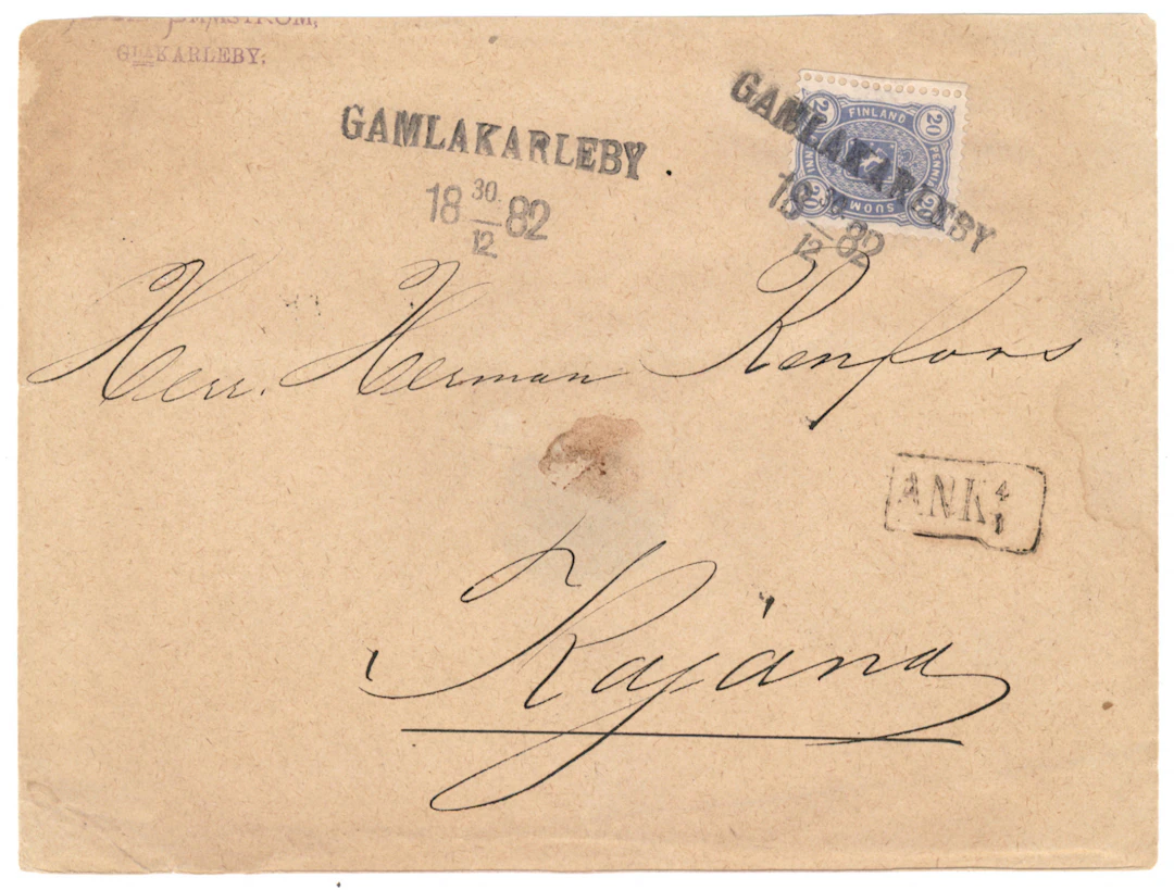 20 penni grayish ultramarine on a cover, temporary ”line cancellation”