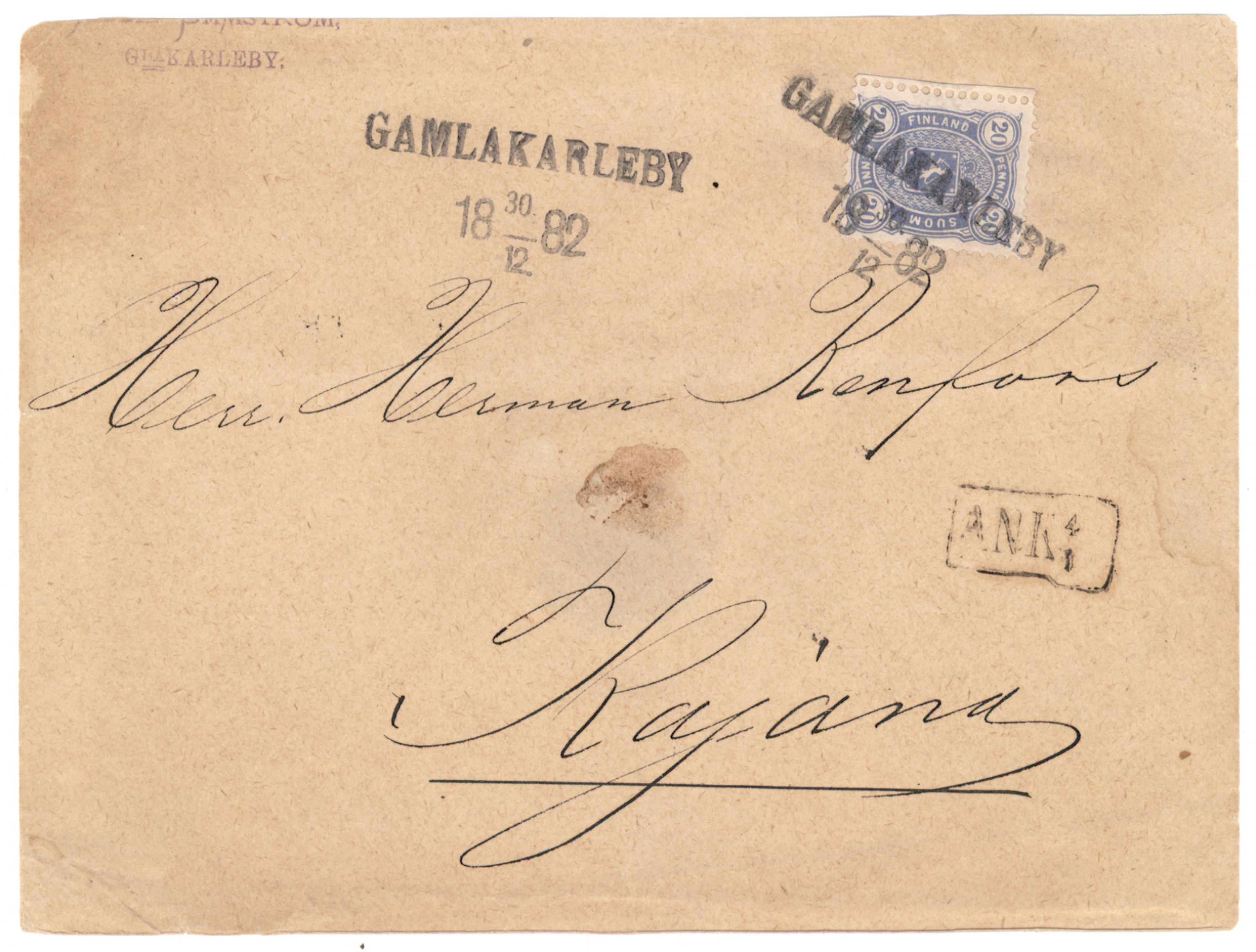 20 penni grayish ultramarine on a cover, temporary ”line cancellation”