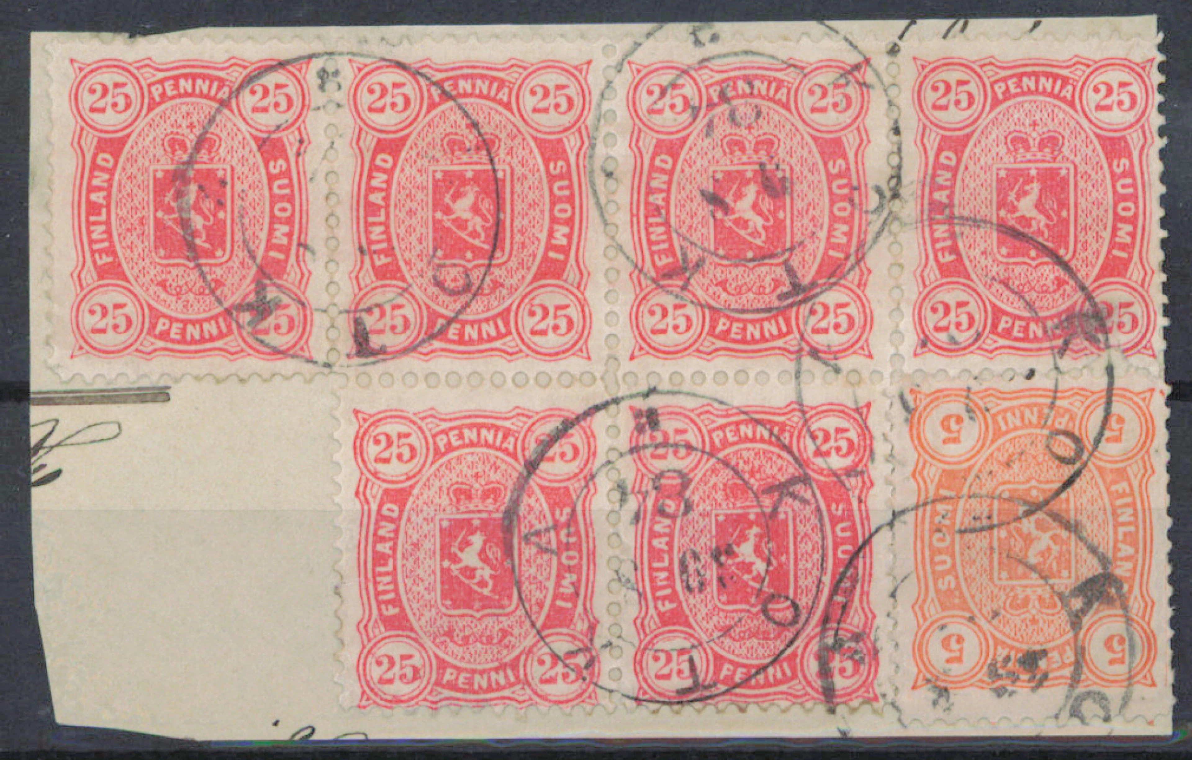 25 penni yellowish red fine block of six and 5 penni reddish orange