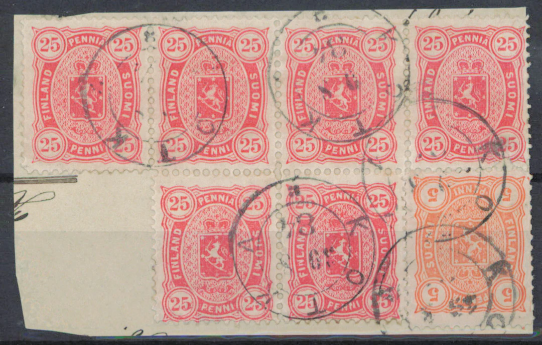 25 penni yellowish red fine block of six and 5 penni reddish orange