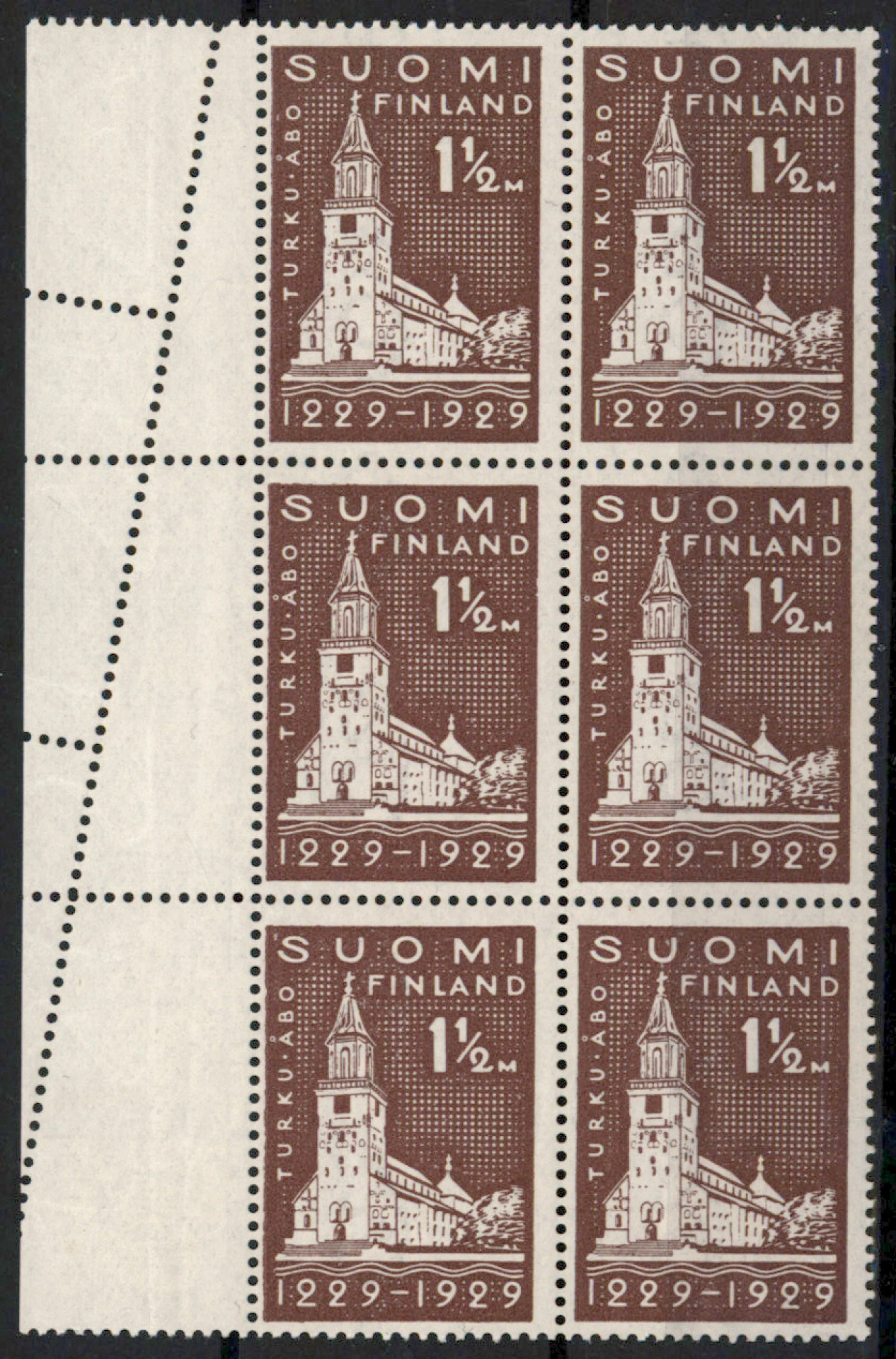 1929 Turku 1½ markka block of six with sheet margin, striking PERFORATION