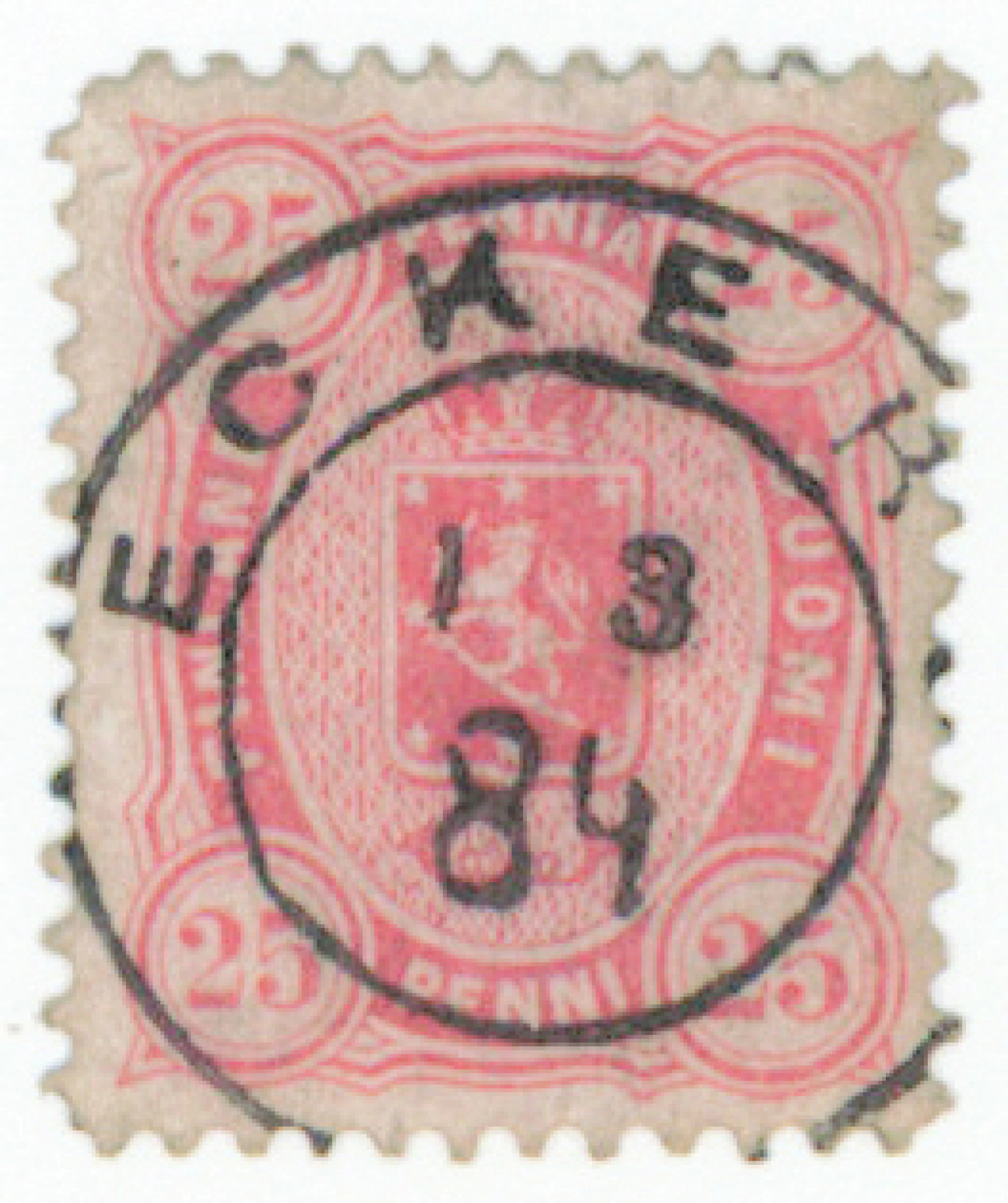 25 penni red, superb used stamp with single-ring Eckerö 1.3.84. Rare!