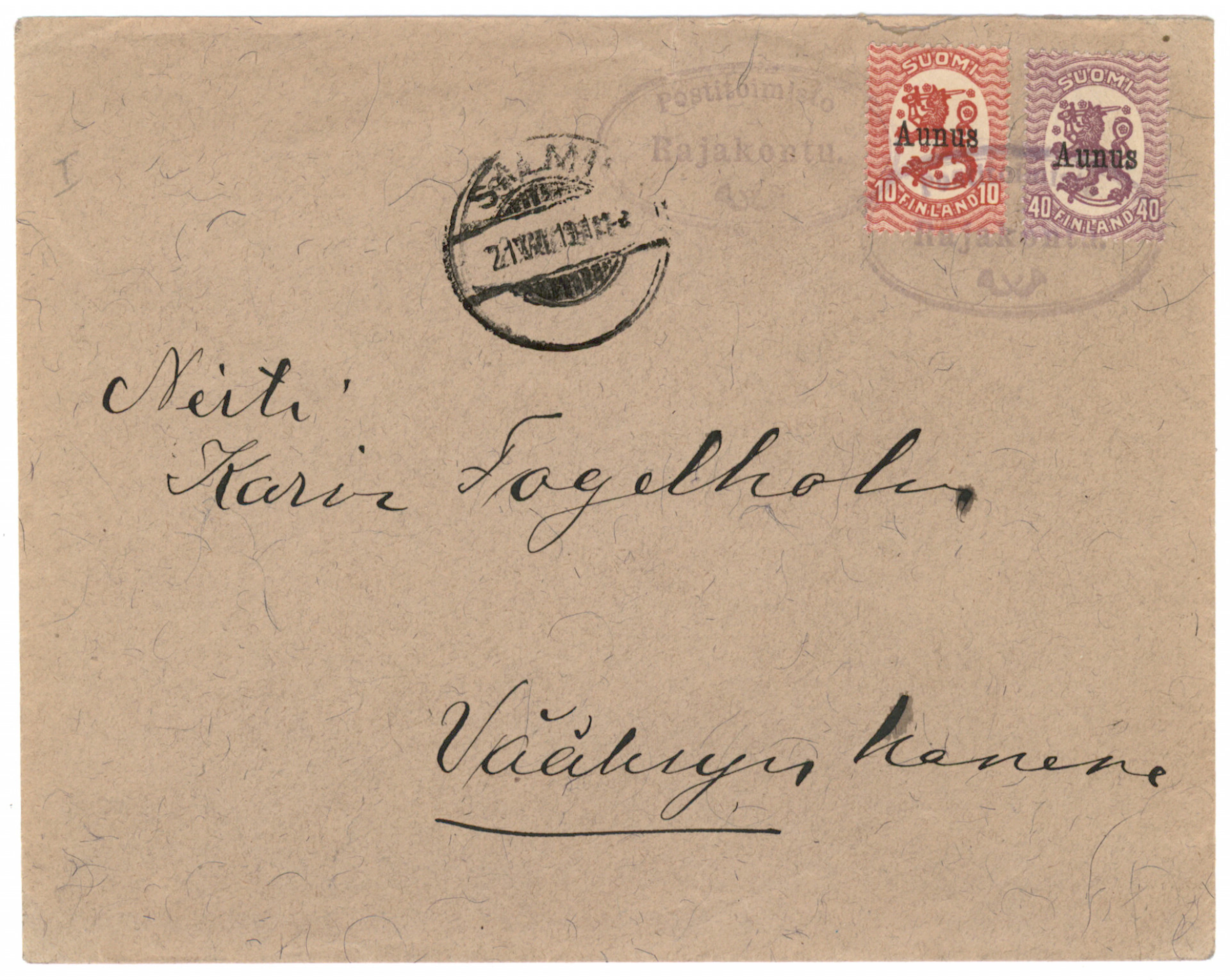 10 penni and 40 penni on a cover with a beautiful oval Postitoimisto