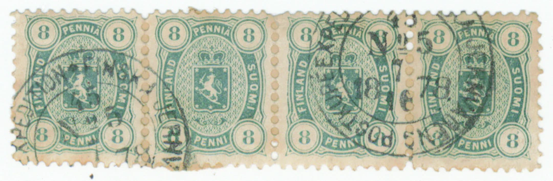 8 penni light bluish green, rare strip of four, beautiful Postkupee