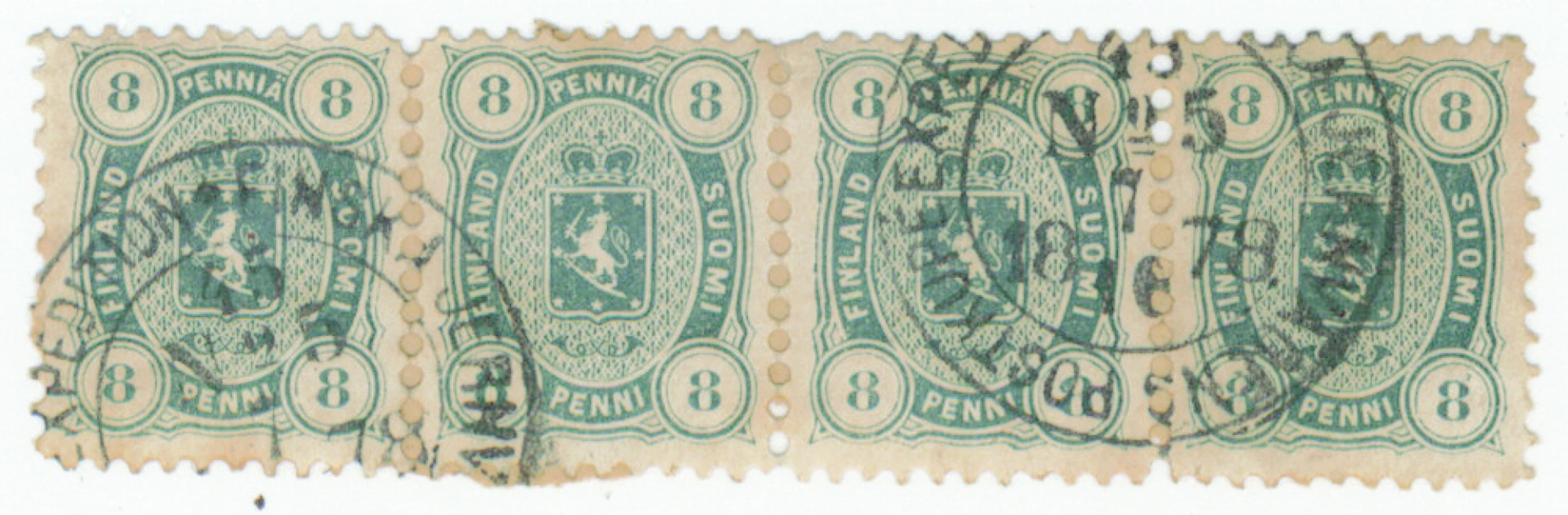8 penni light bluish green, rare strip of four, beautiful Postkupee