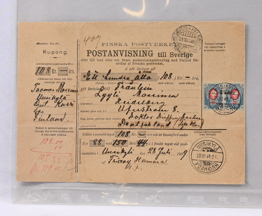 20 kopek pair on a money order to Germany, very beautiful Uusikylä