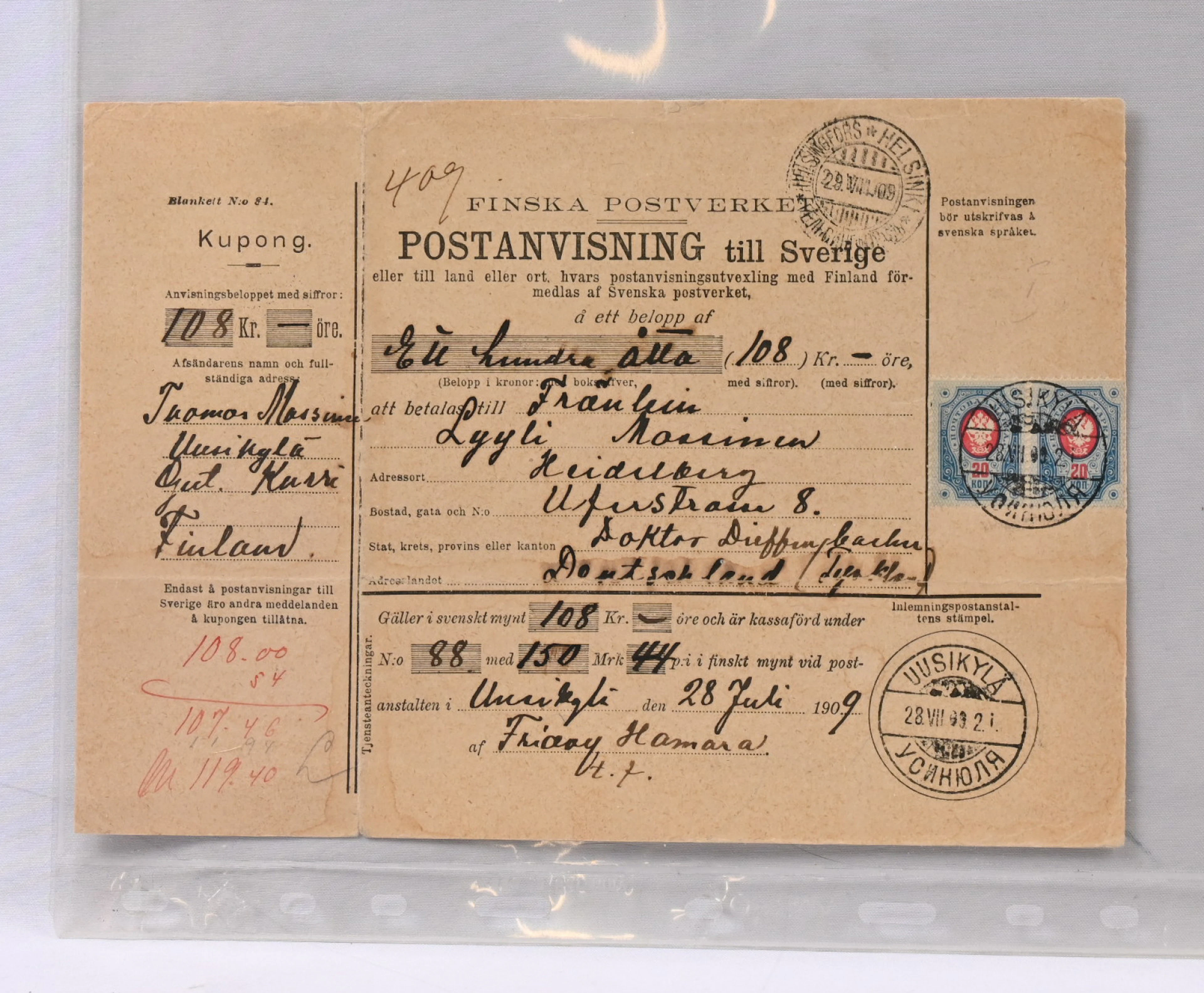 20 kopek pair on a money order to Germany, very beautiful Uusikylä