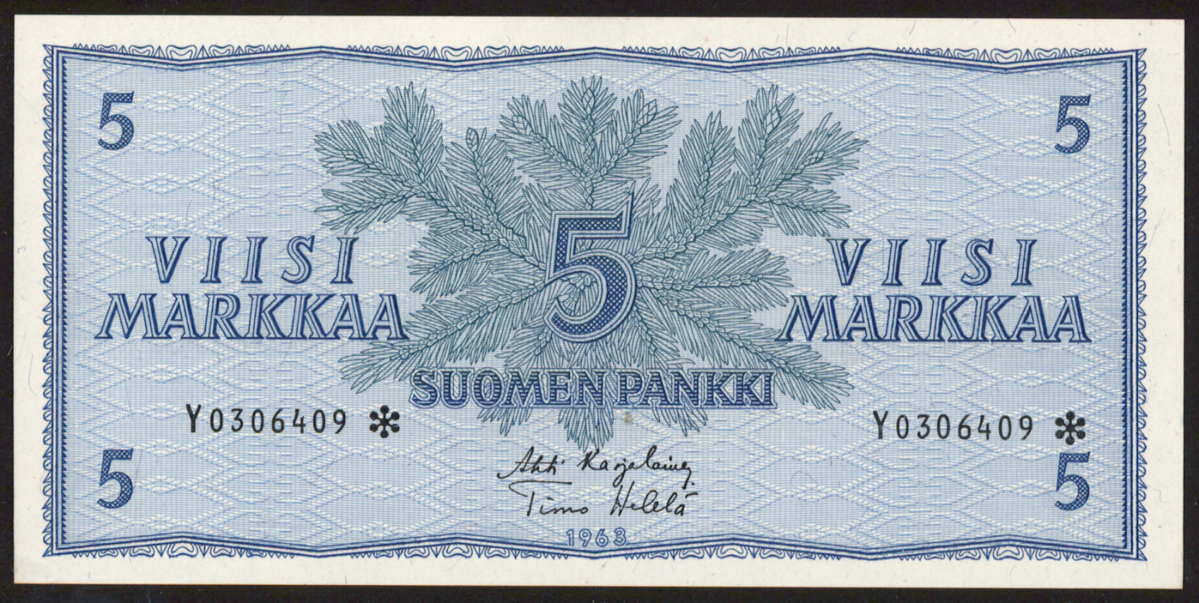 1963 5 markka Y0306409* KA1/Heä. Condition 01-0.