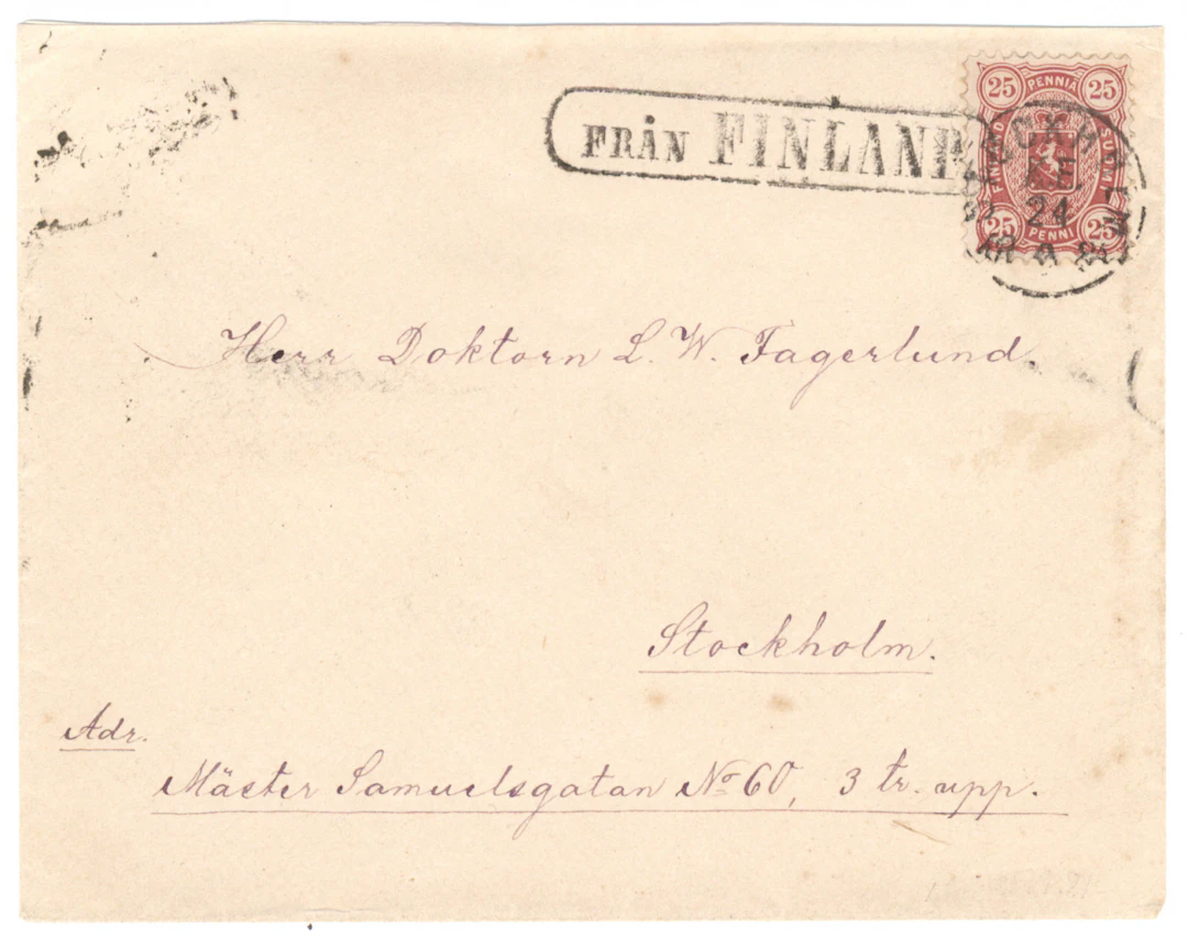 25 penni bright carmine on a beautiful ship letter to Sweden, Stockholm