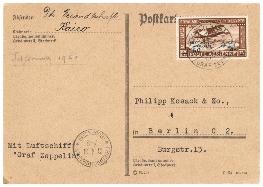 Zeppelin, 1931 Cairo-Berlin Zeppelincard, franked with zeppelin stamp