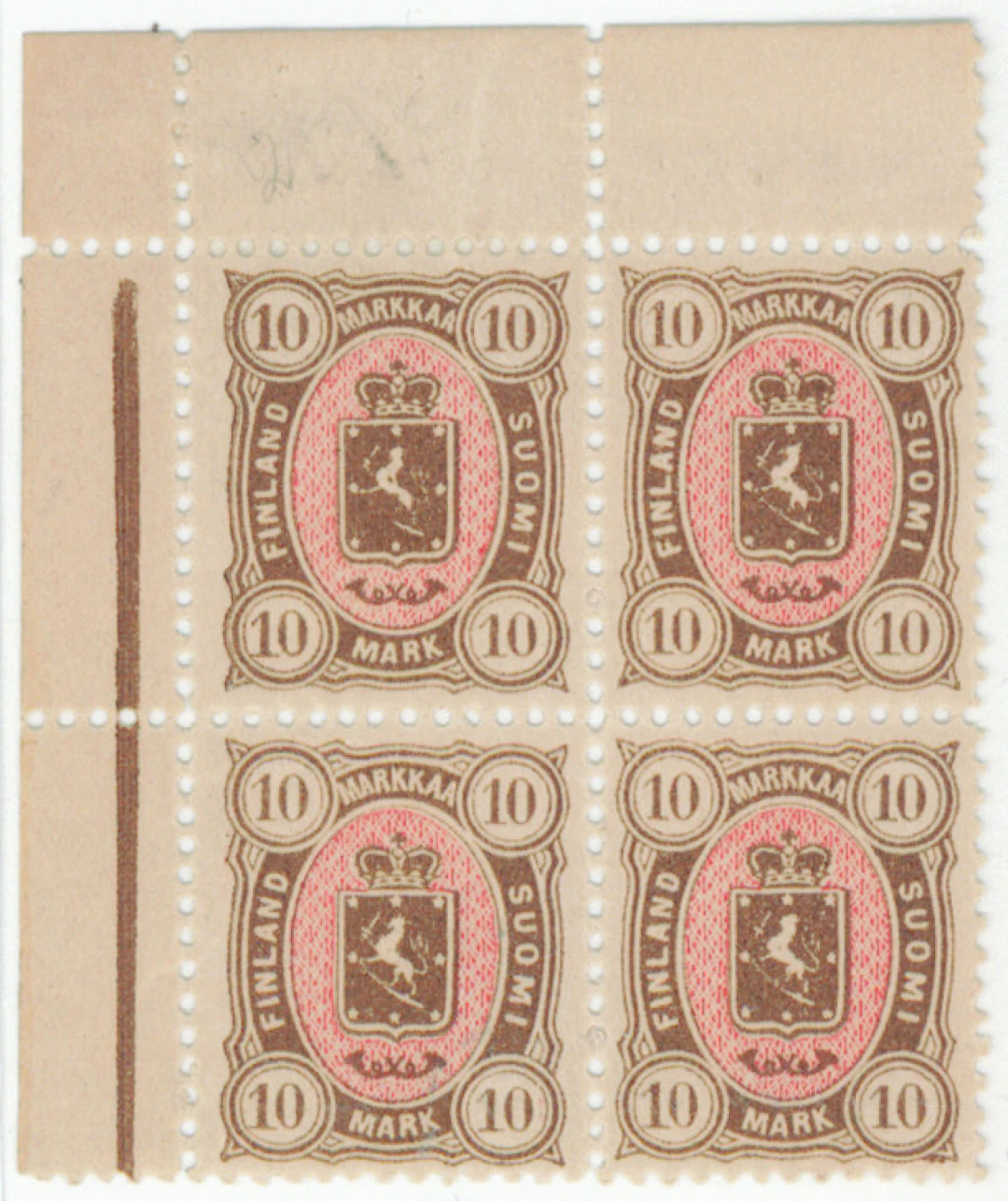 10 markka brown/red magnificent block of four from sheet upper corner