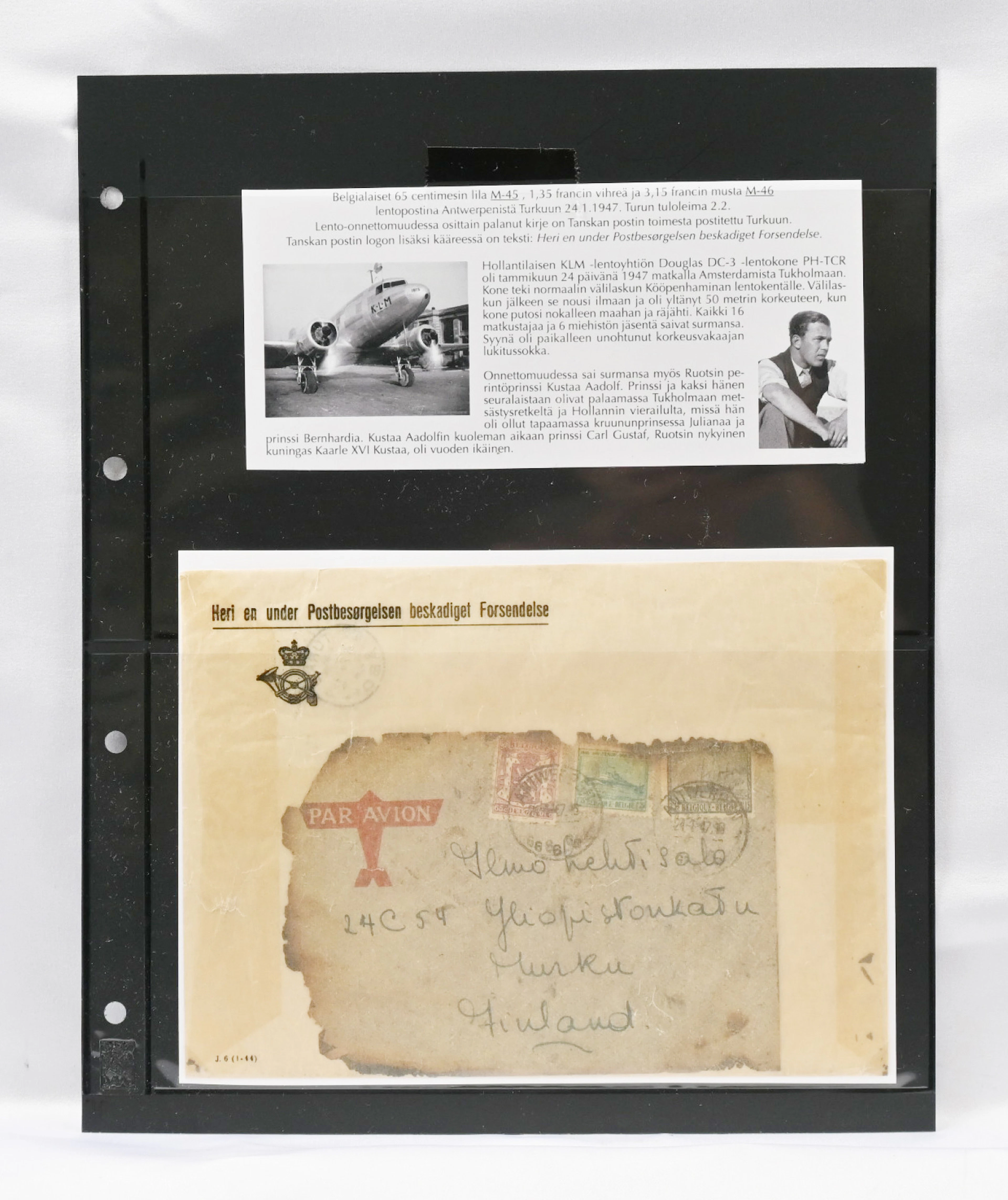 Crash mail, a cover from Belgium to Finland, damaged in the Copenhagen