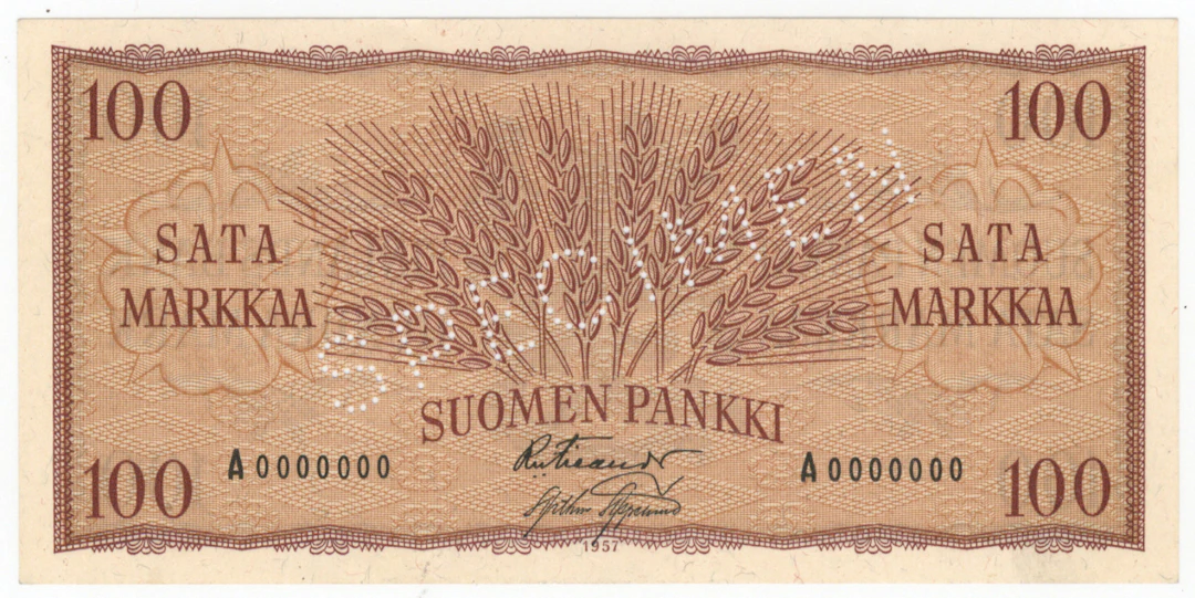 1957 100 markka Specimen perfin banknote! Condition 01-