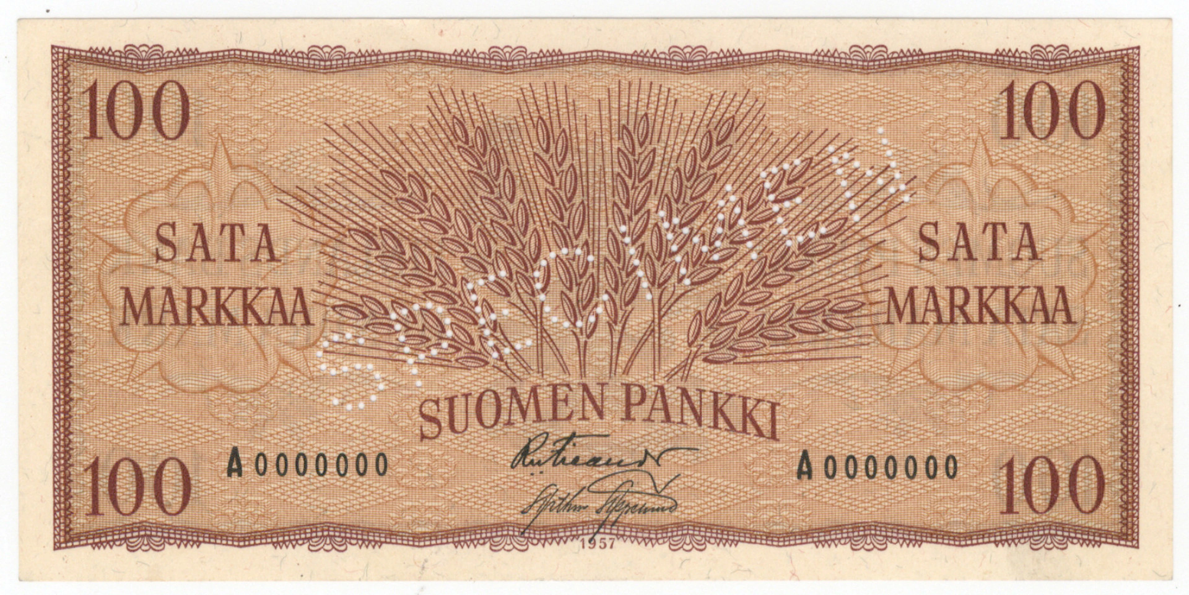 1957 100 markka Specimen perfin banknote! Condition 01-