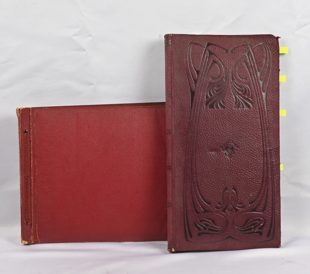 Selection of old foreign postcards and photographs in two old albums.