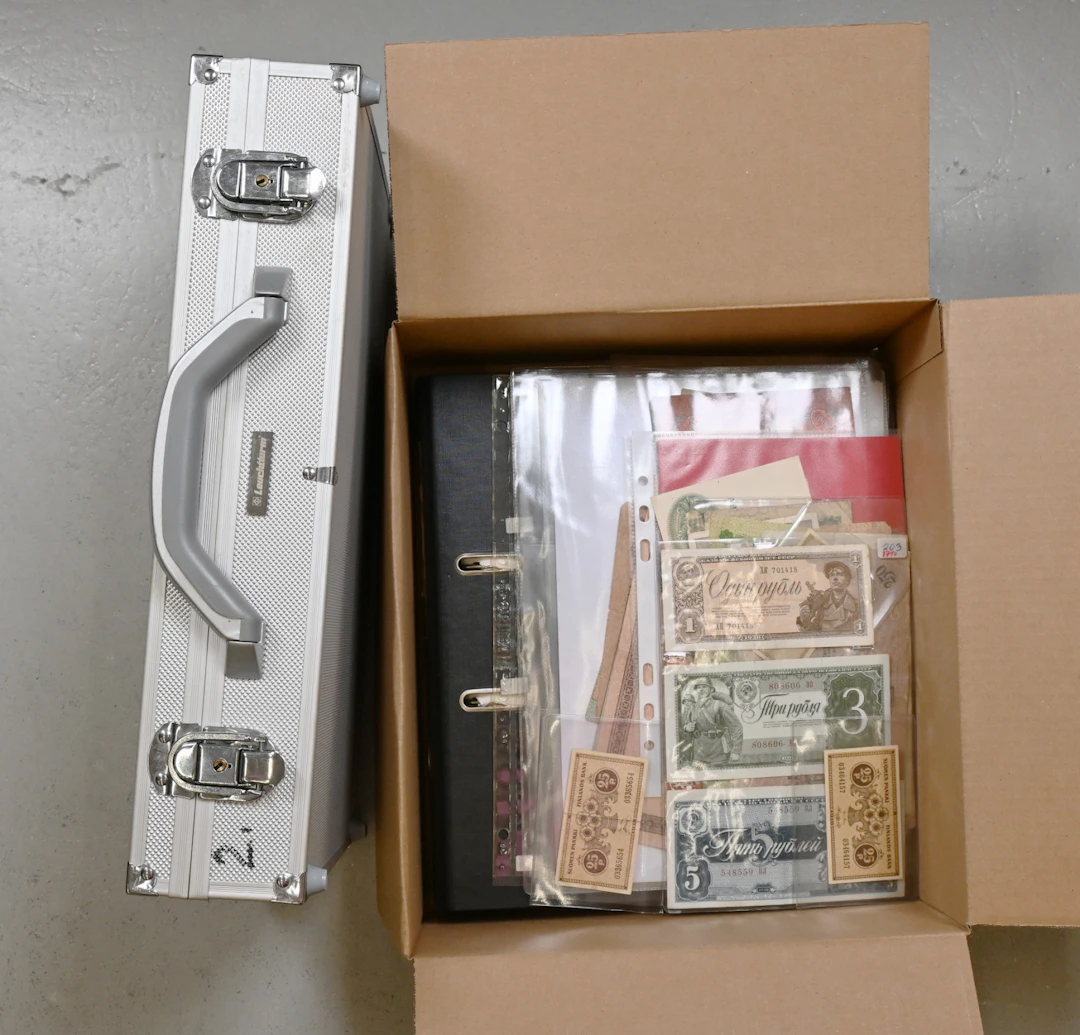 Worldwide selection of coins in a briefcase and banknotes eg. in a