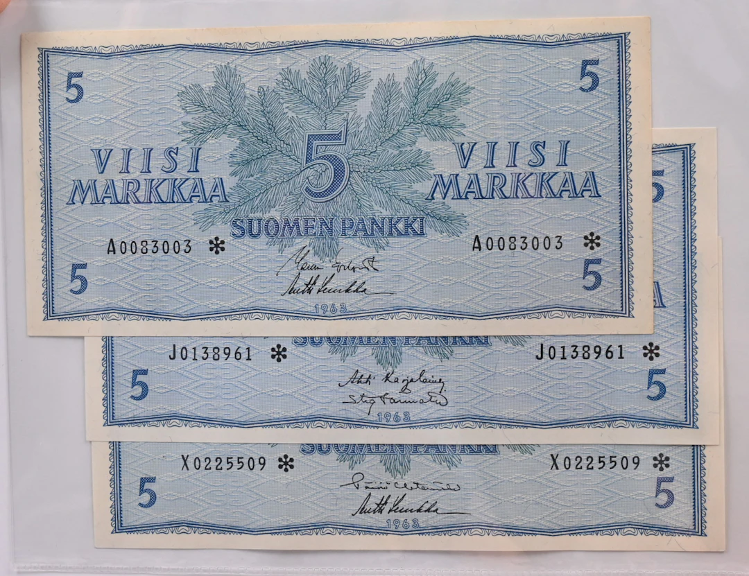 1963 5 markka replacement banknotes A0083003*, J0138961*, X0225509*