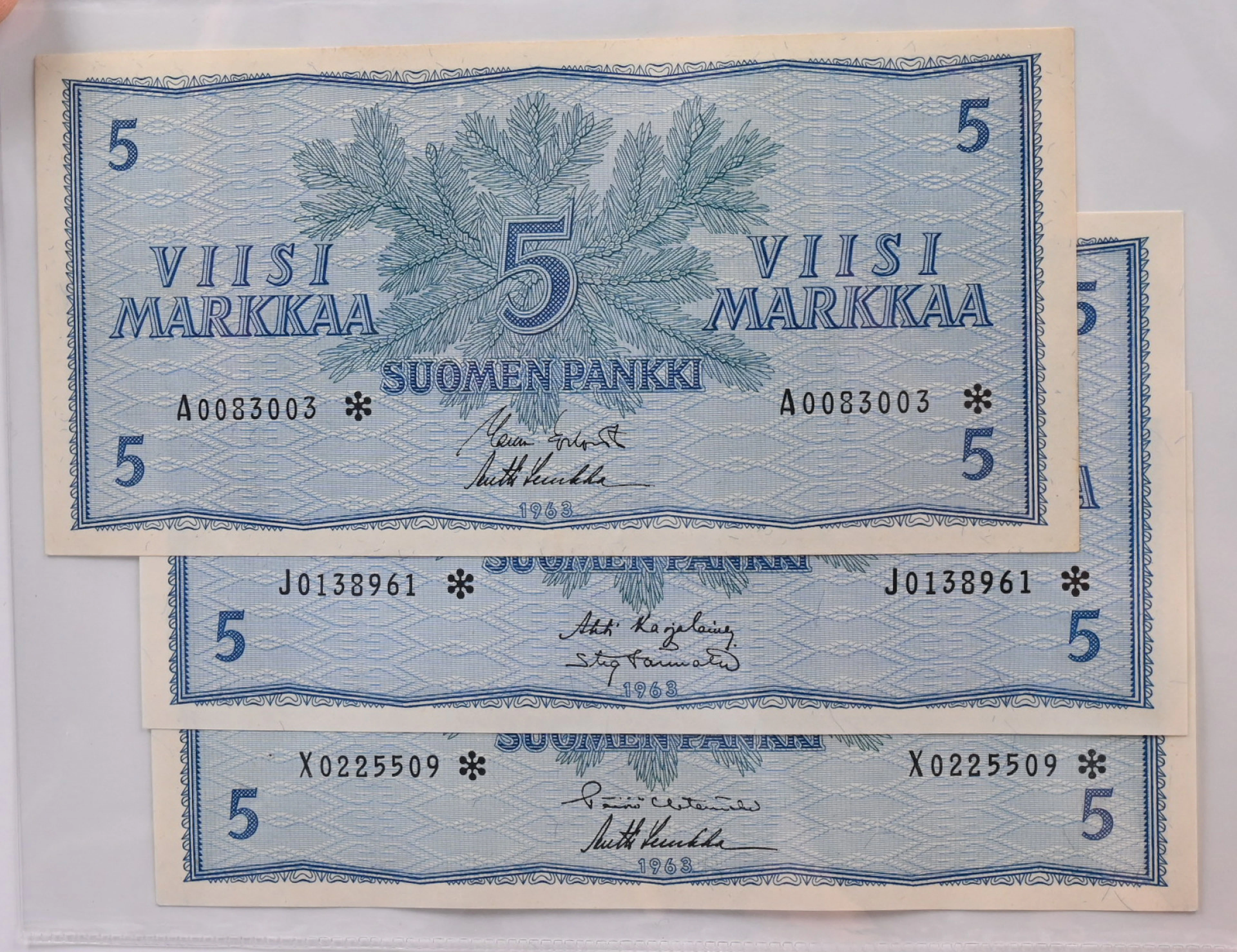 1963 5 markka replacement banknotes A0083003*, J0138961*, X0225509*