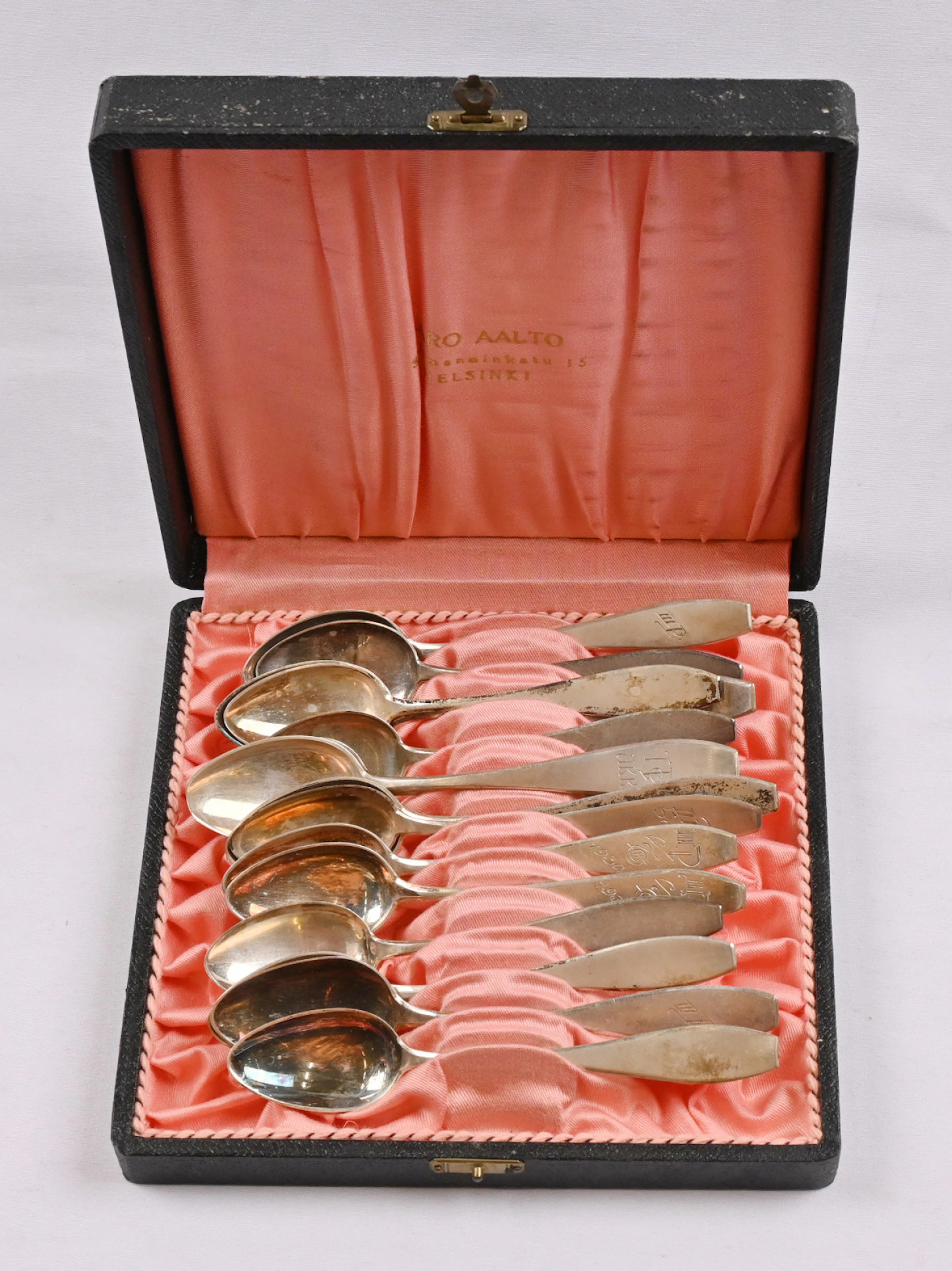 Coffee spoons, partly with award etc. engravings 15 pieces in a box.