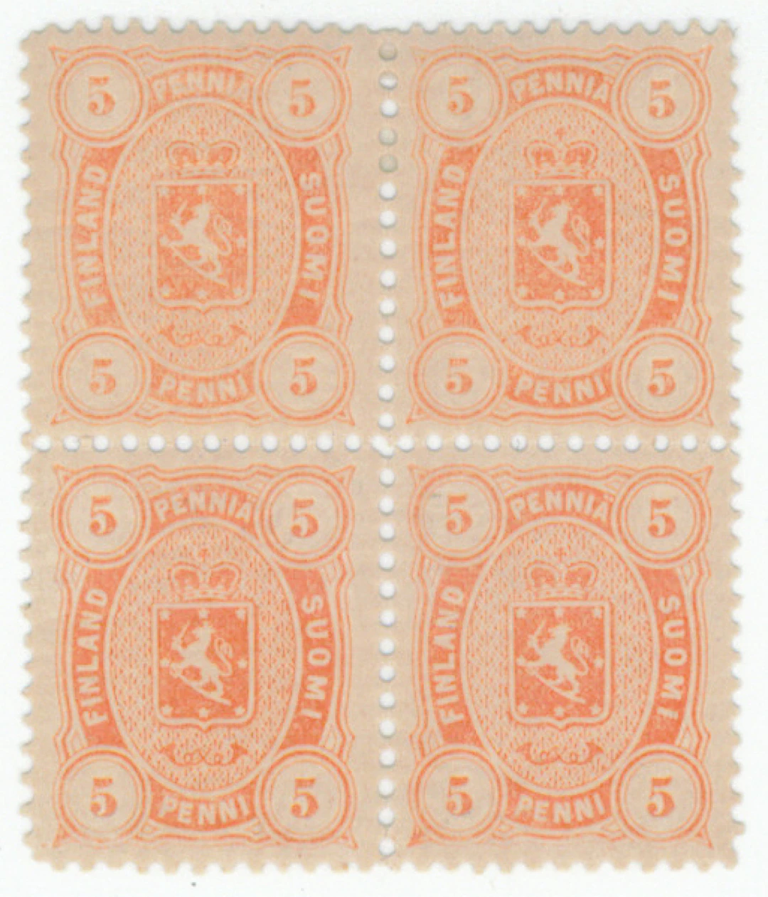 5 penni light reddish orange perforation 12½ beautiful mint block