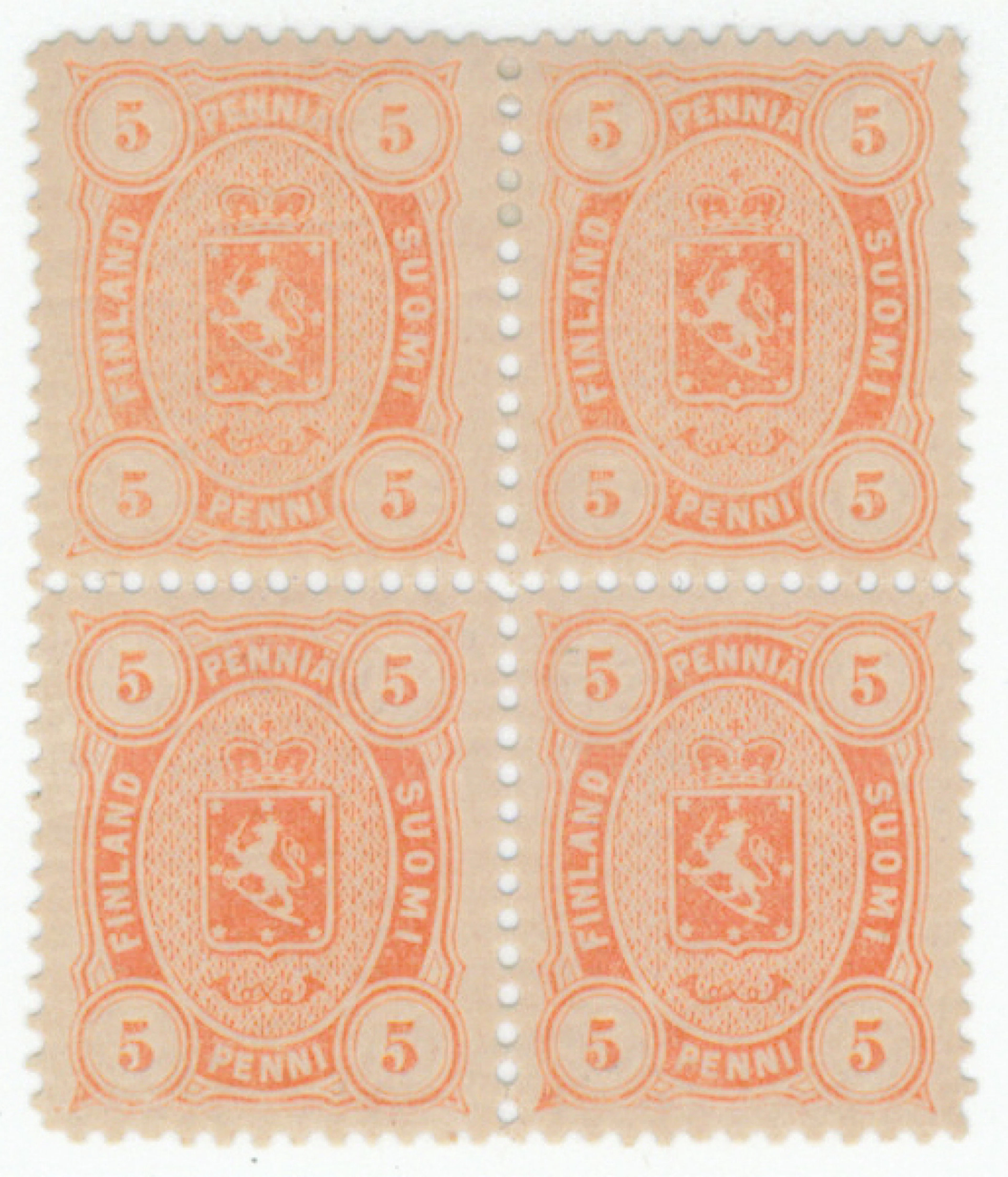 5 penni light reddish orange perforation 12½ beautiful mint block