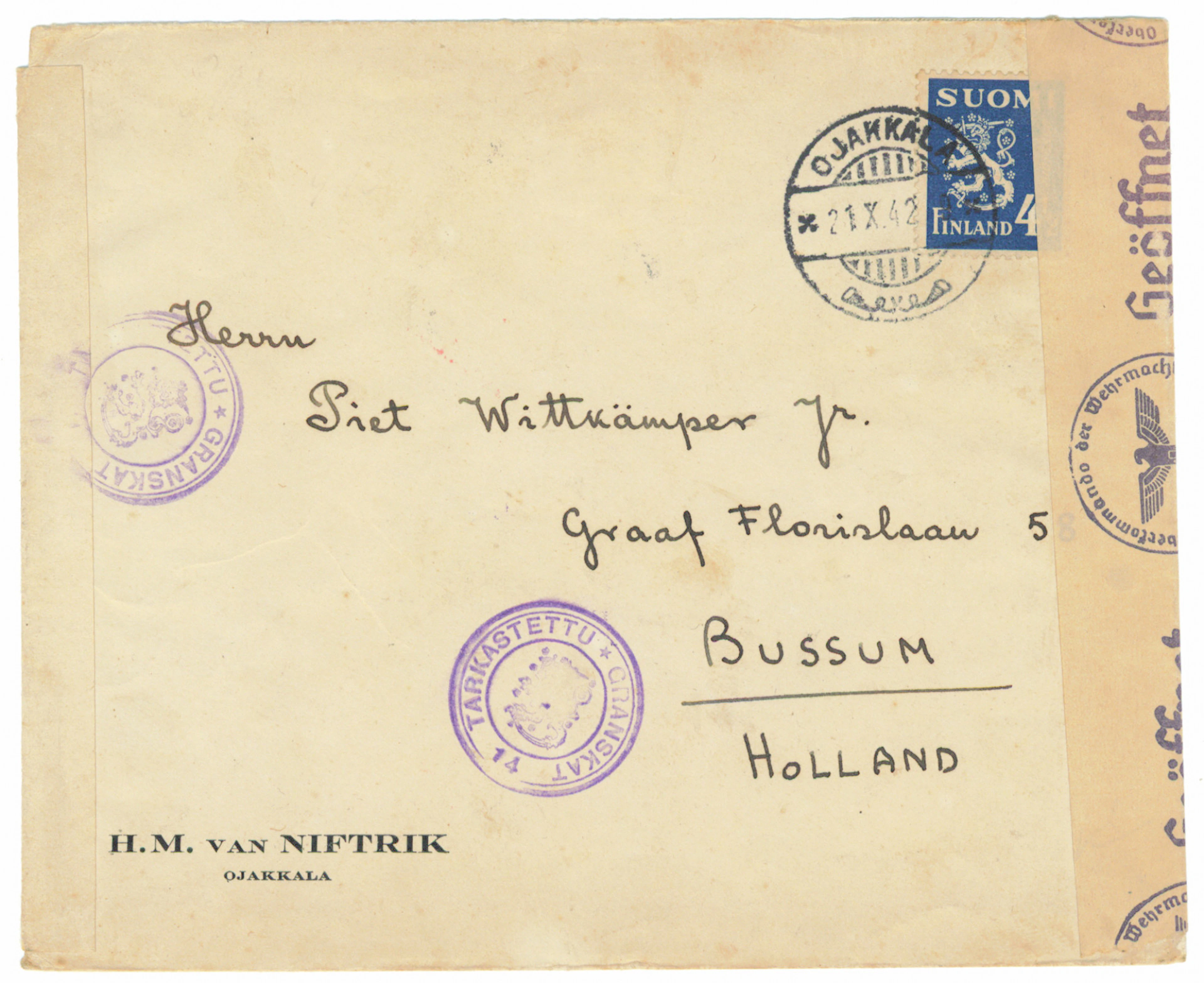 4½ markka single franking on a beautiful censorship cover to The Netherlands