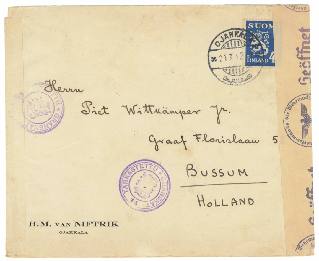 4½ markka single franking on a beautiful censorship cover to The Netherlands