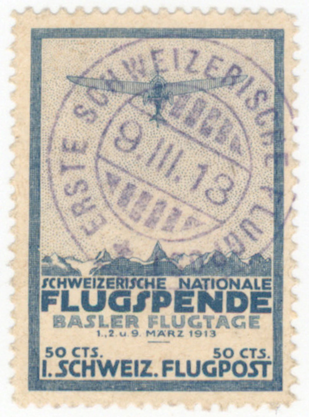 1913 Forerunners of airmail stamps 50 c Basel Mi II, beautiful used