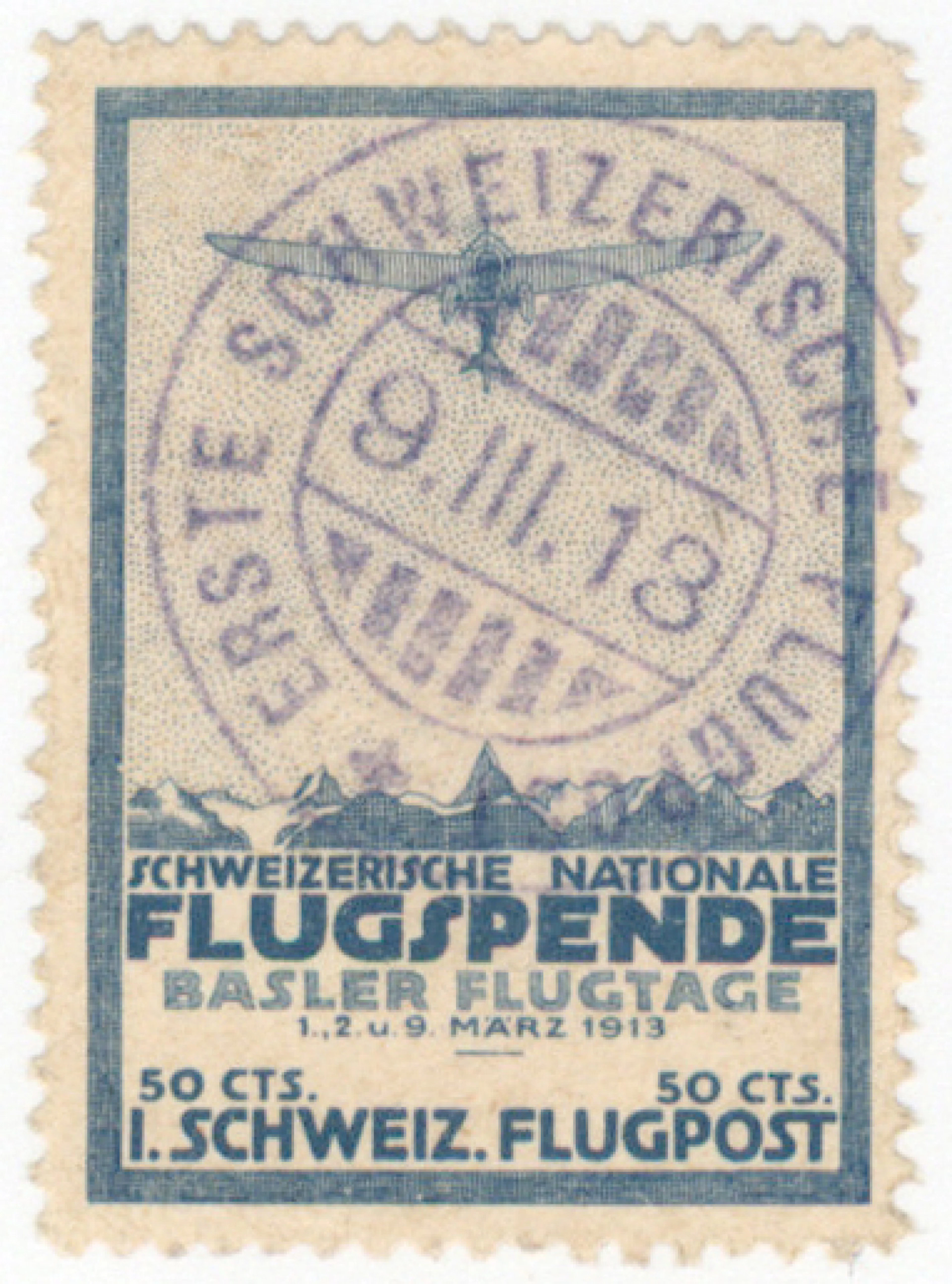 1913 Forerunners of airmail stamps 50 c Basel Mi II, beautiful used