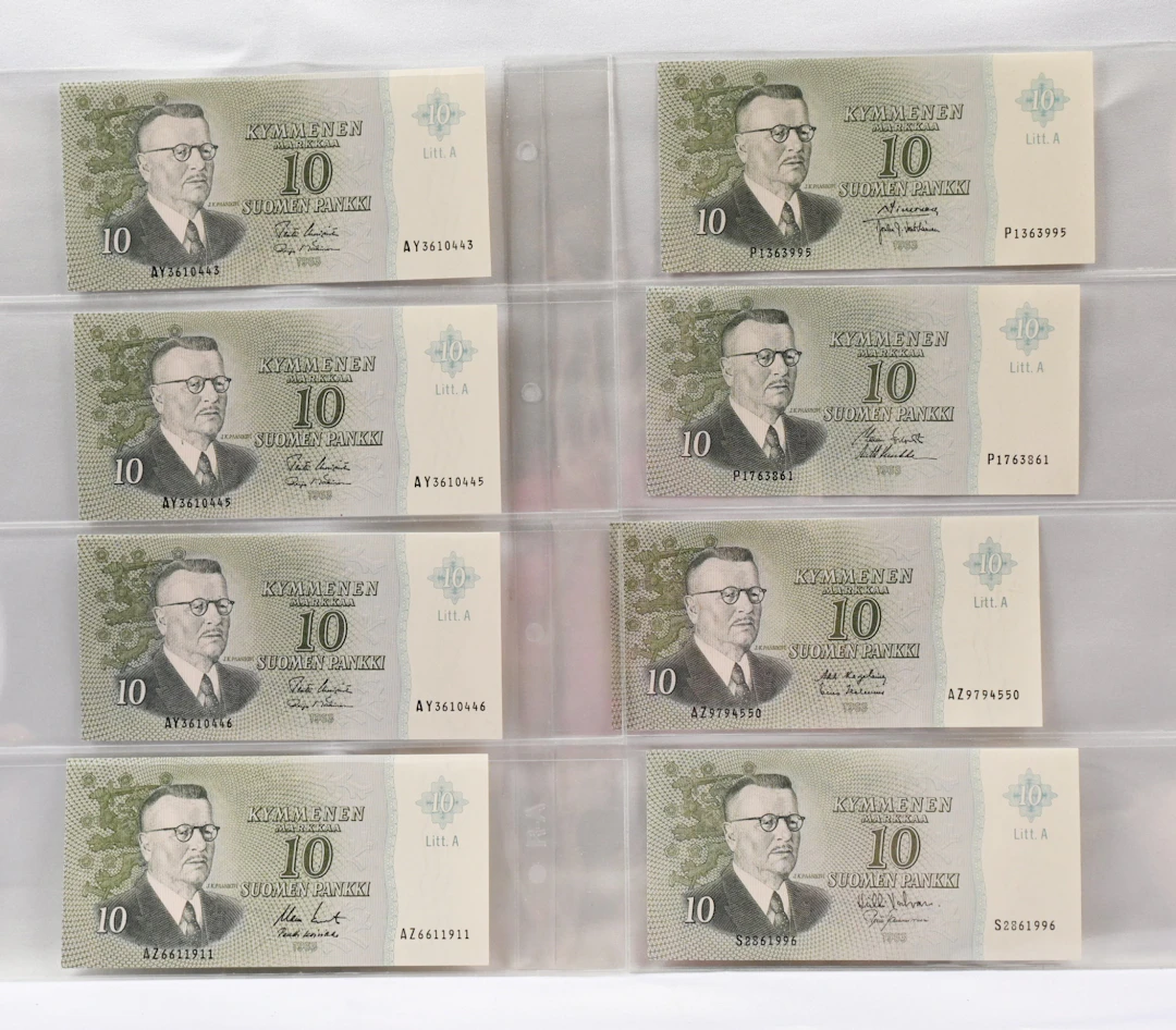 1963 10 markka banknote lot, fine condition. Litt.A. series I O P