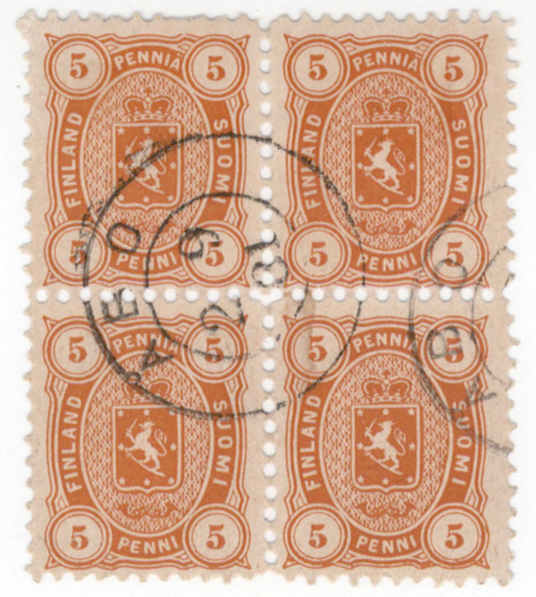 5 penni orange, beautiful block of four Åbo 2.9.1881. Light crease