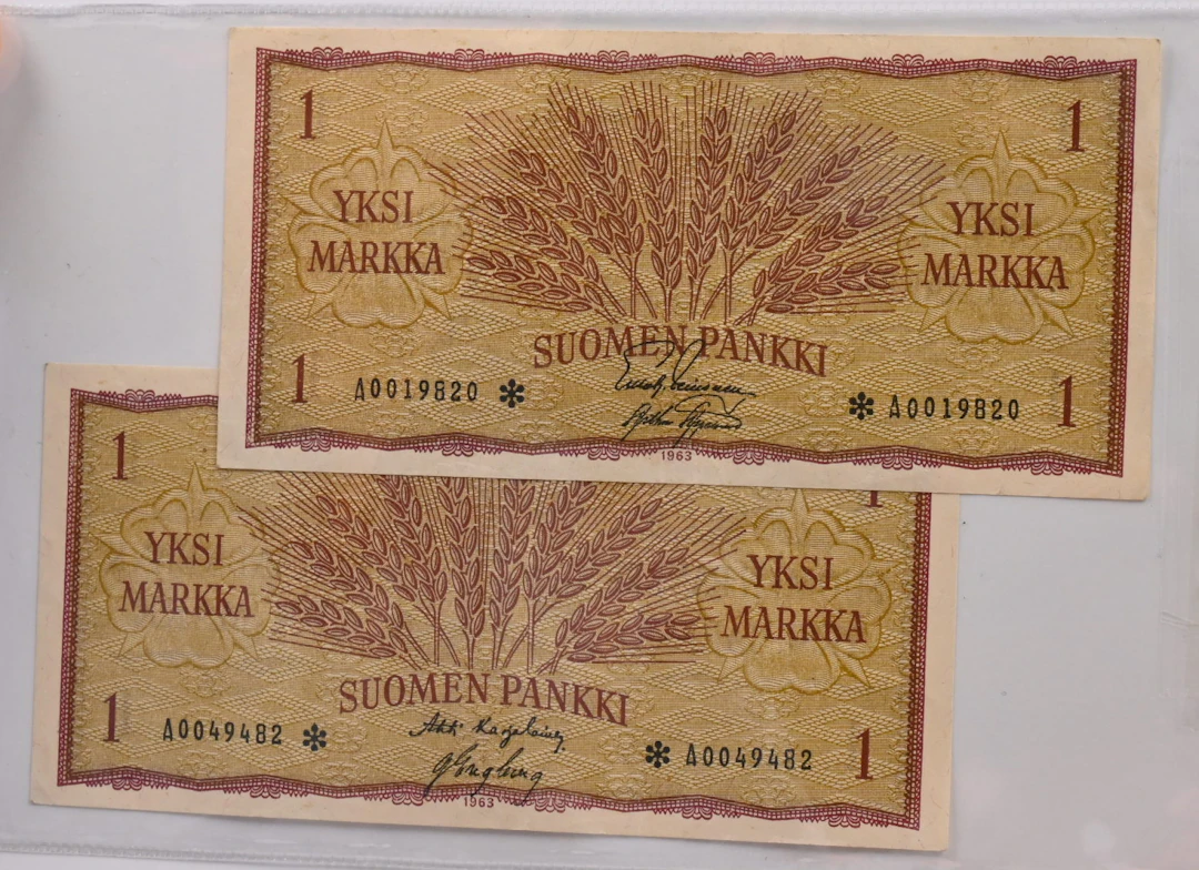 1963 1 markka A0019820* LEI/AAs, A0049482* KA1/Eng. Condition 1-1+.