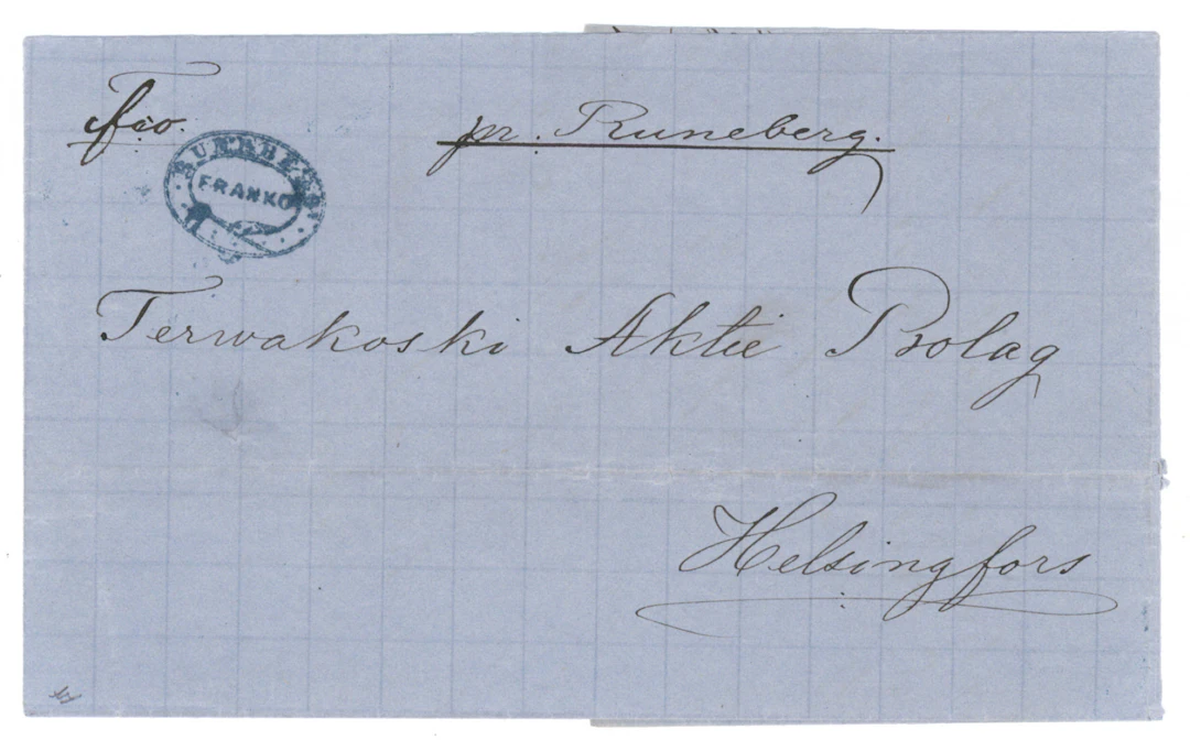 Cover from Tervakoski Aktiebolag to Helsinki, with a marking pr. Runeberg