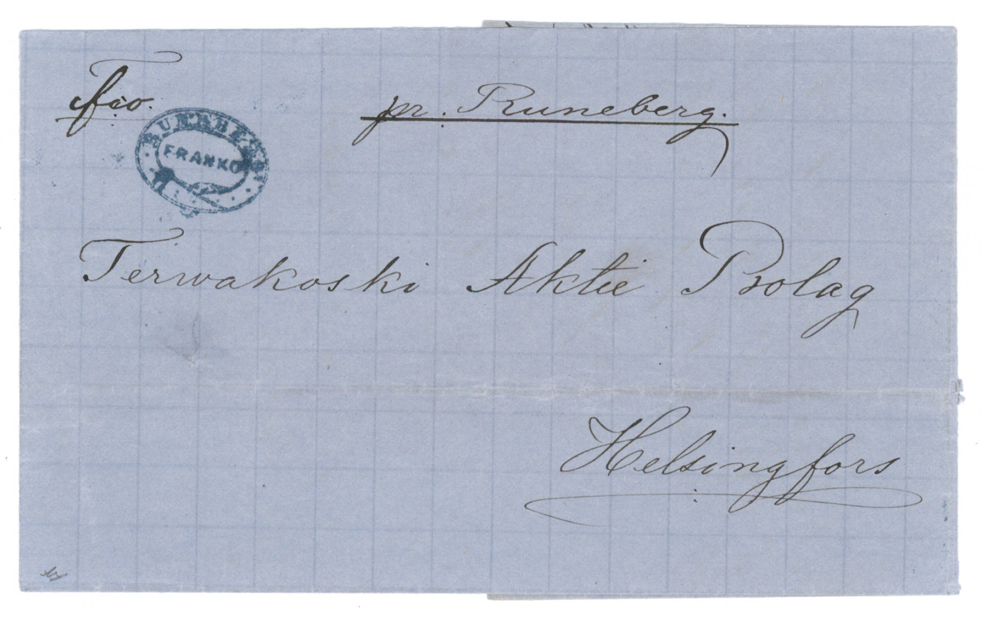 Cover from Tervakoski Aktiebolag to Helsinki, with a marking pr. Runeberg