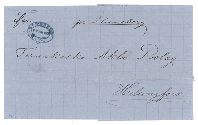 Cover from Tervakoski Aktiebolag to Helsinki, with a marking pr. Runeberg