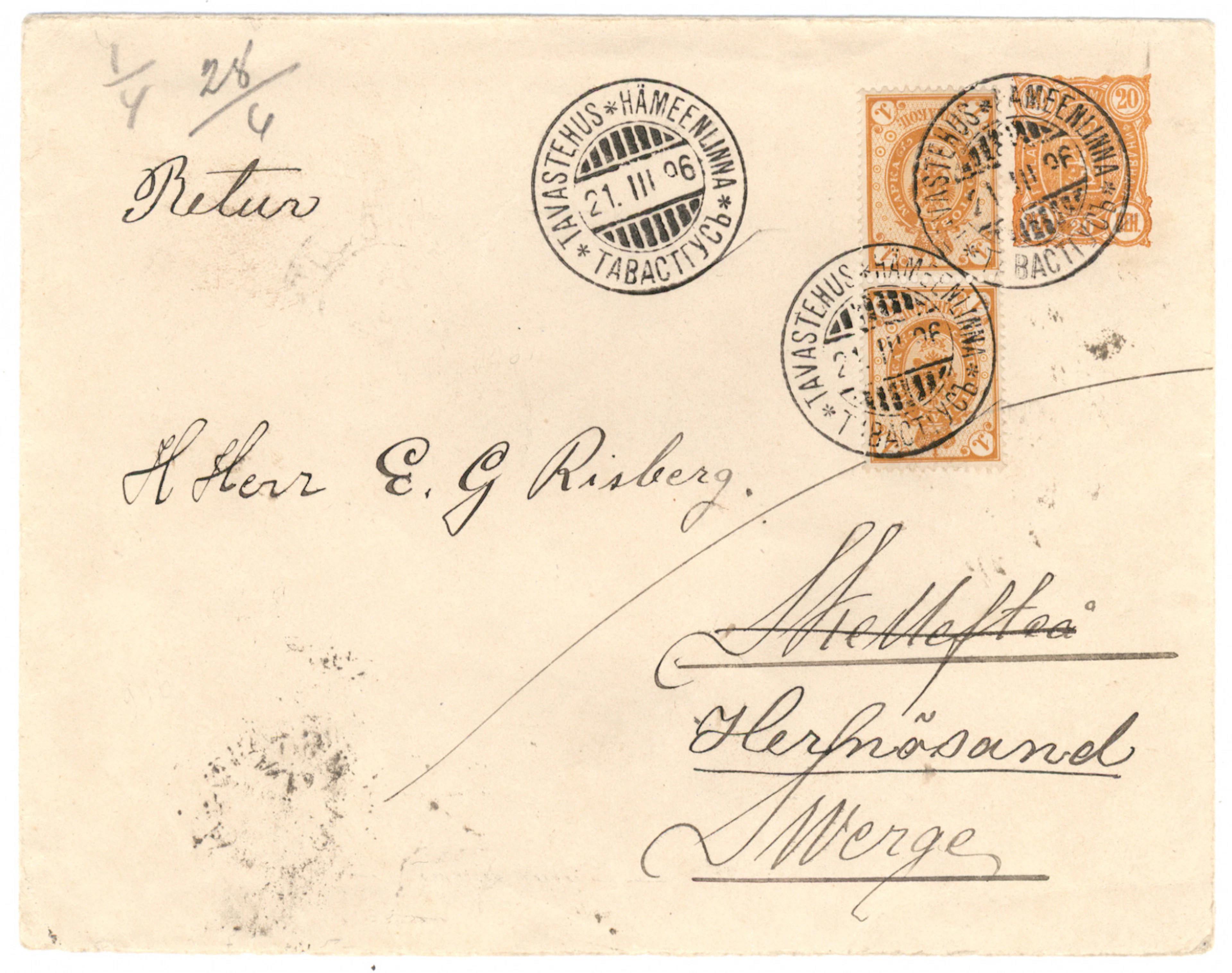 1 kopek pair as an additional stamps on an issue 1889 20 penni stationery