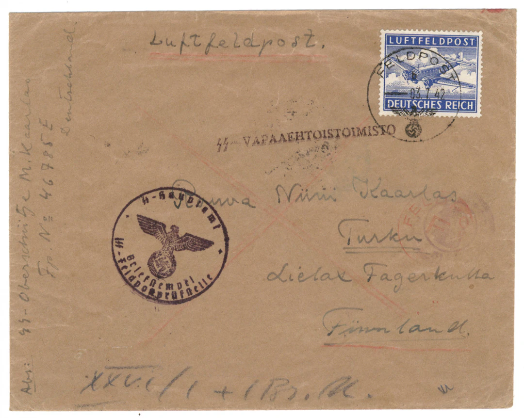 SS volunteer mail: letter with a Luftfeldpost stamp to Finland, Feldpost