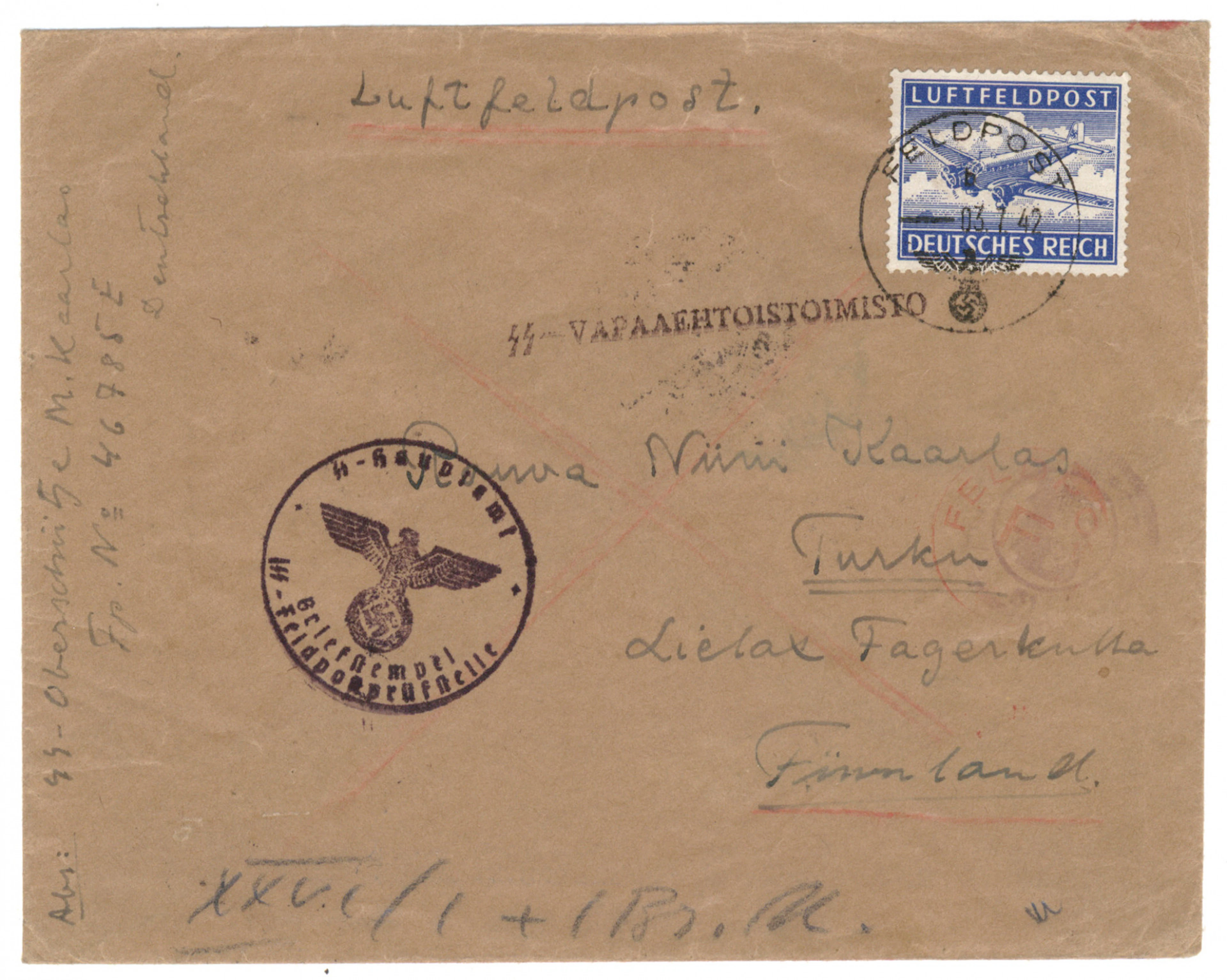 SS volunteer mail: letter with a Luftfeldpost stamp to Finland, Feldpost