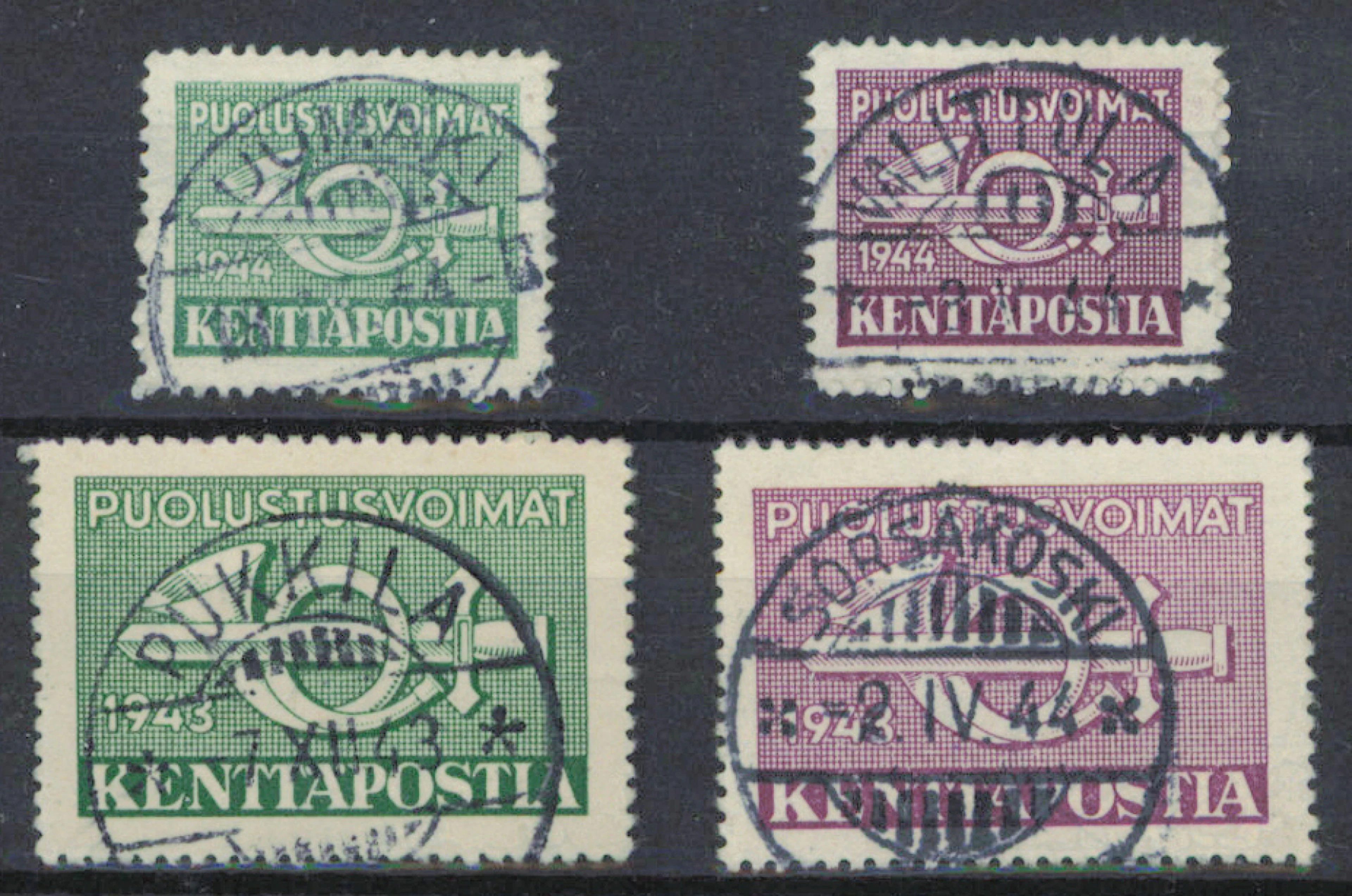 1943 - 1944 green and violet stamps with fine superb cancellations.